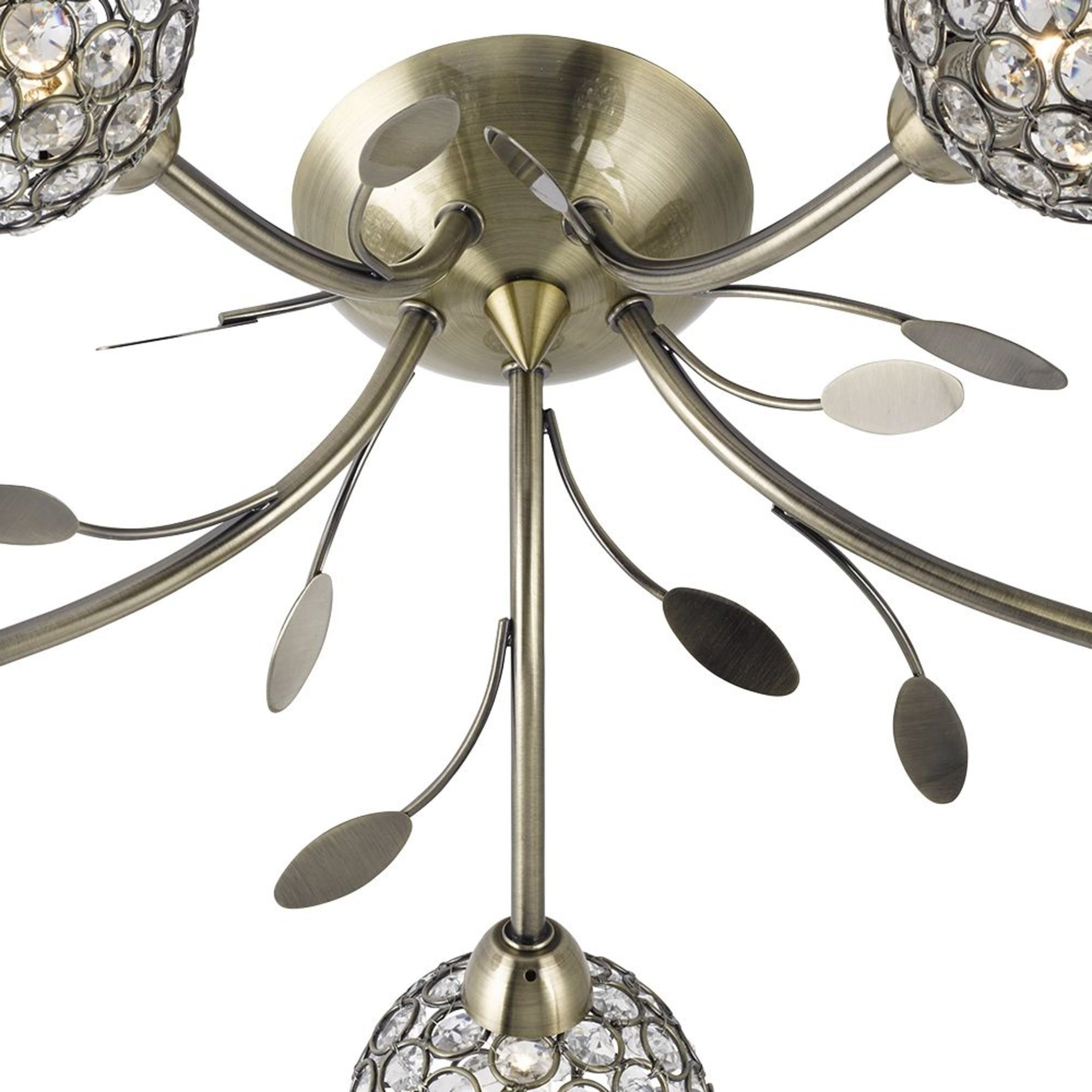 Searchlight Bay II 5 Light Ceiling Semi-Flush - Antique Brass & Clear Glass Deco Shade