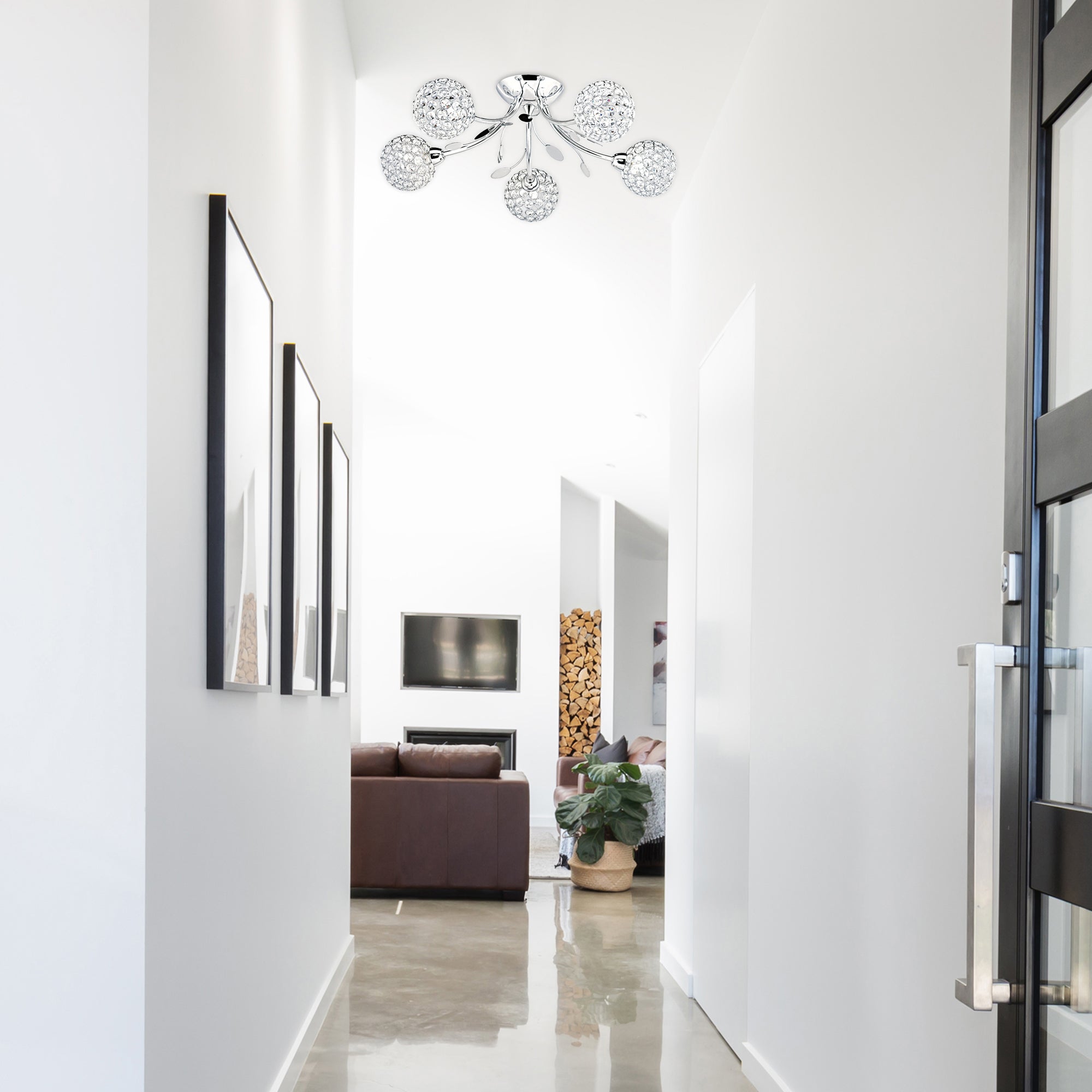 Searchlight Bay II 5 Light Ceiling Semi-Flush - Chrome & Clear Glass Deco Shade