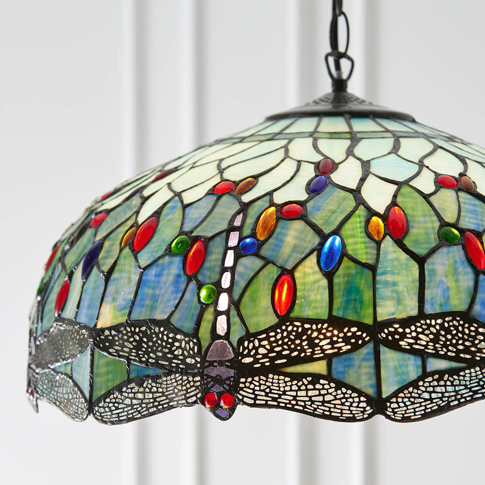 Interiors 1900 Dragonfly Blue Large 3 Light Pendant - Handcrafted Tiffany Style Glass