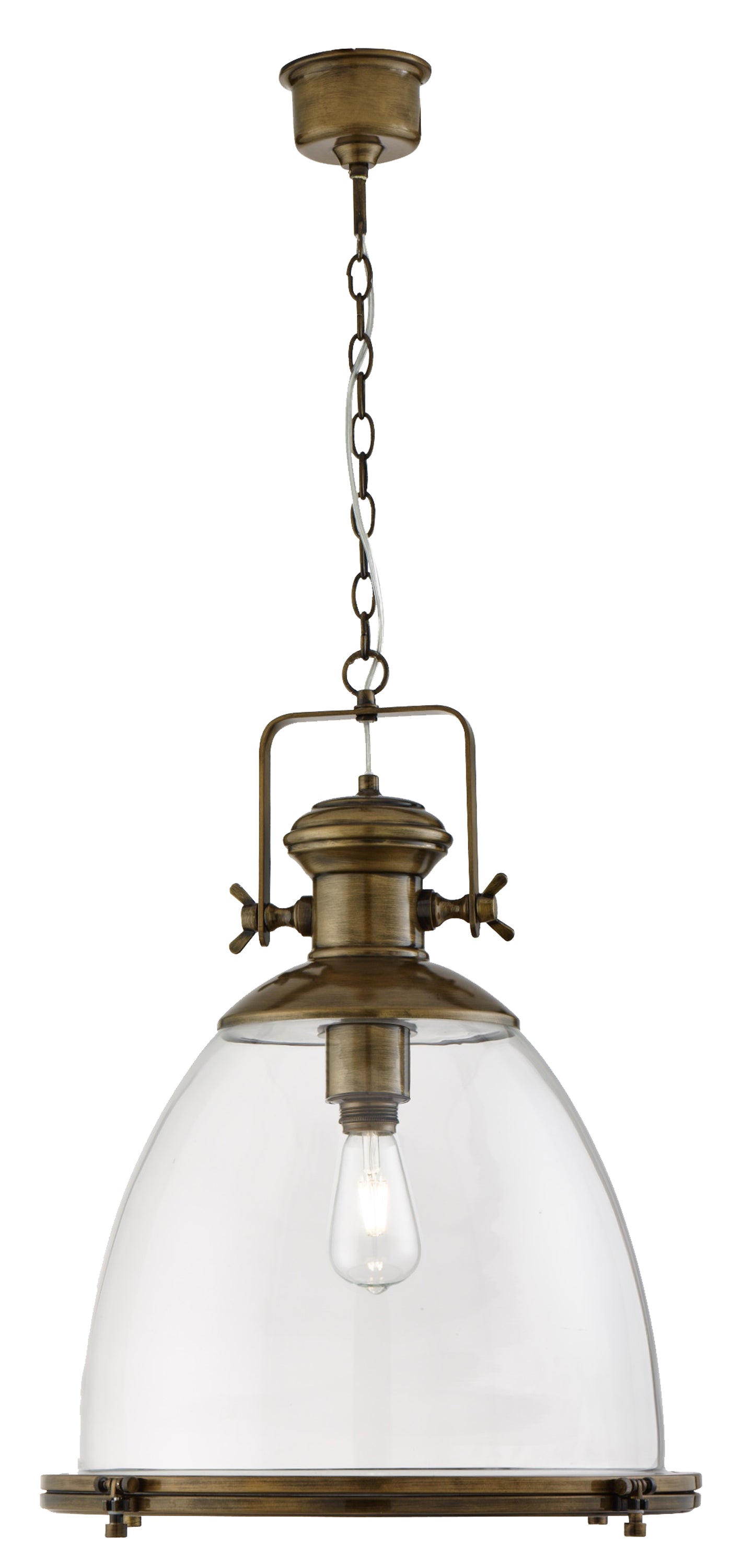 Searchlight Ireton Pendant Large Single, Painted Antique Brass, Clear Glass