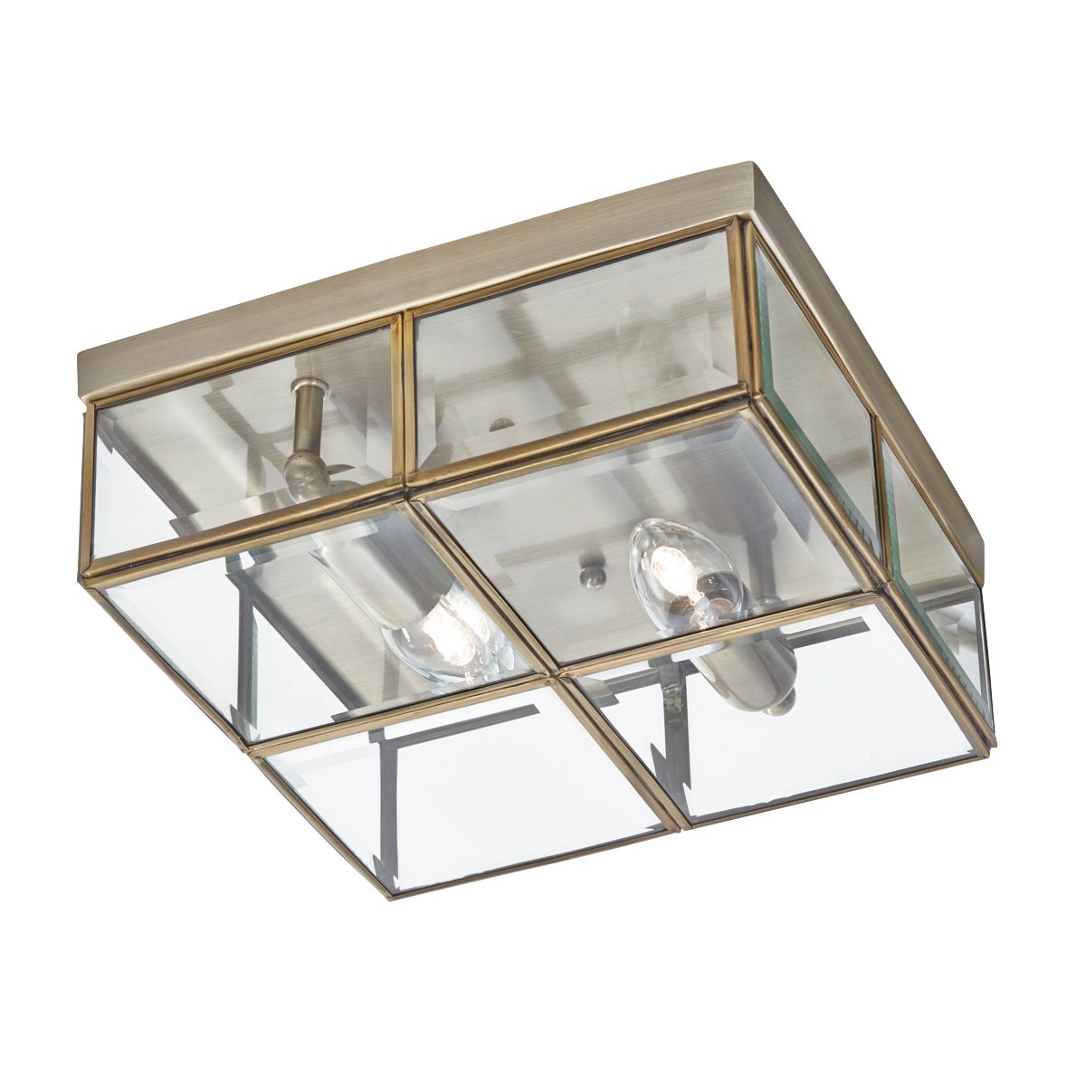 Searchlight Angela Antique Brass 2 Light Flush Fitting With Clear Bevelled Glass Shade