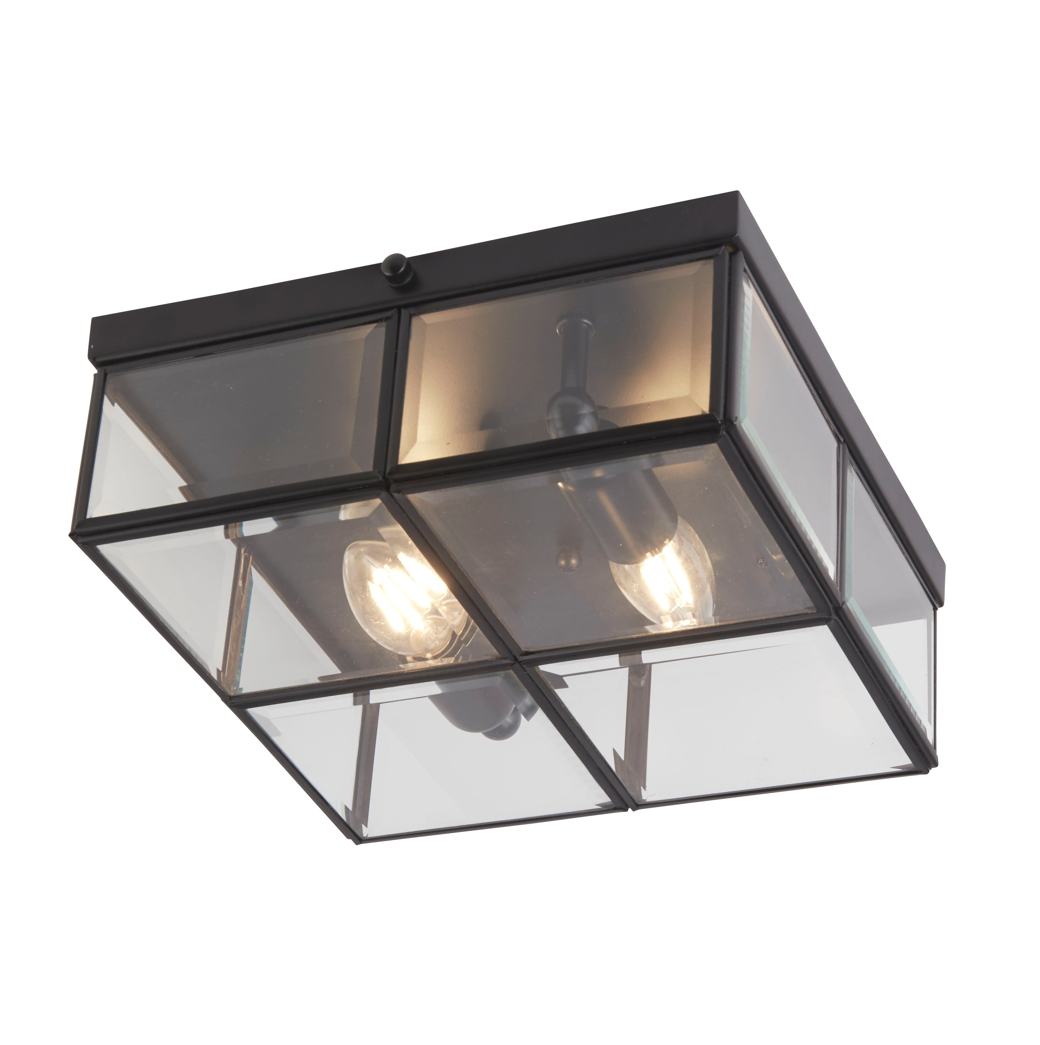 Searchlight March Matt Black 2 Light Flush Fitting With Clear Bevelled Glass Shade