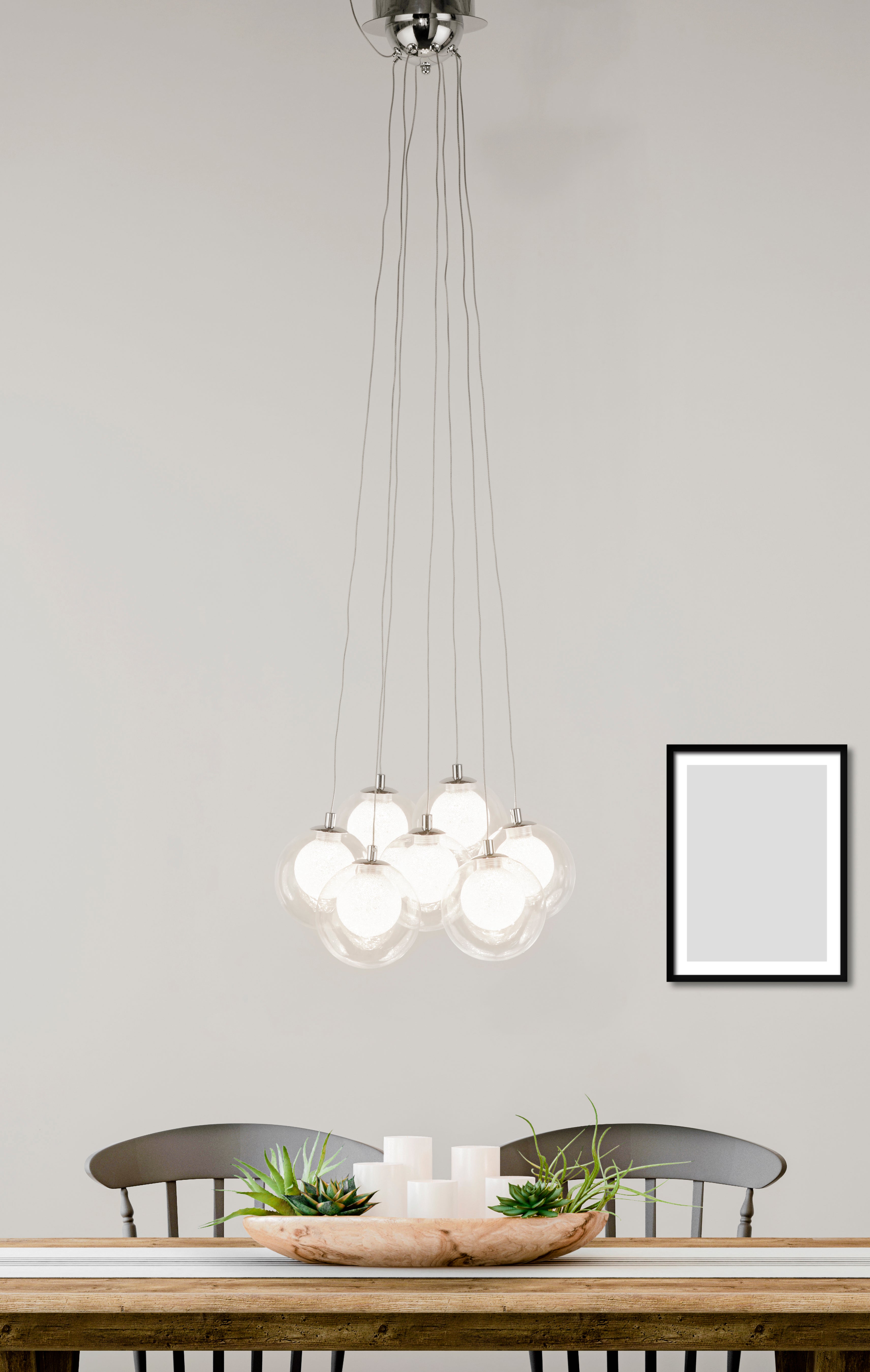 Searchlight Caryl LED 7 Light Pendant - Chrome, Clear Glass & Crystal Sand