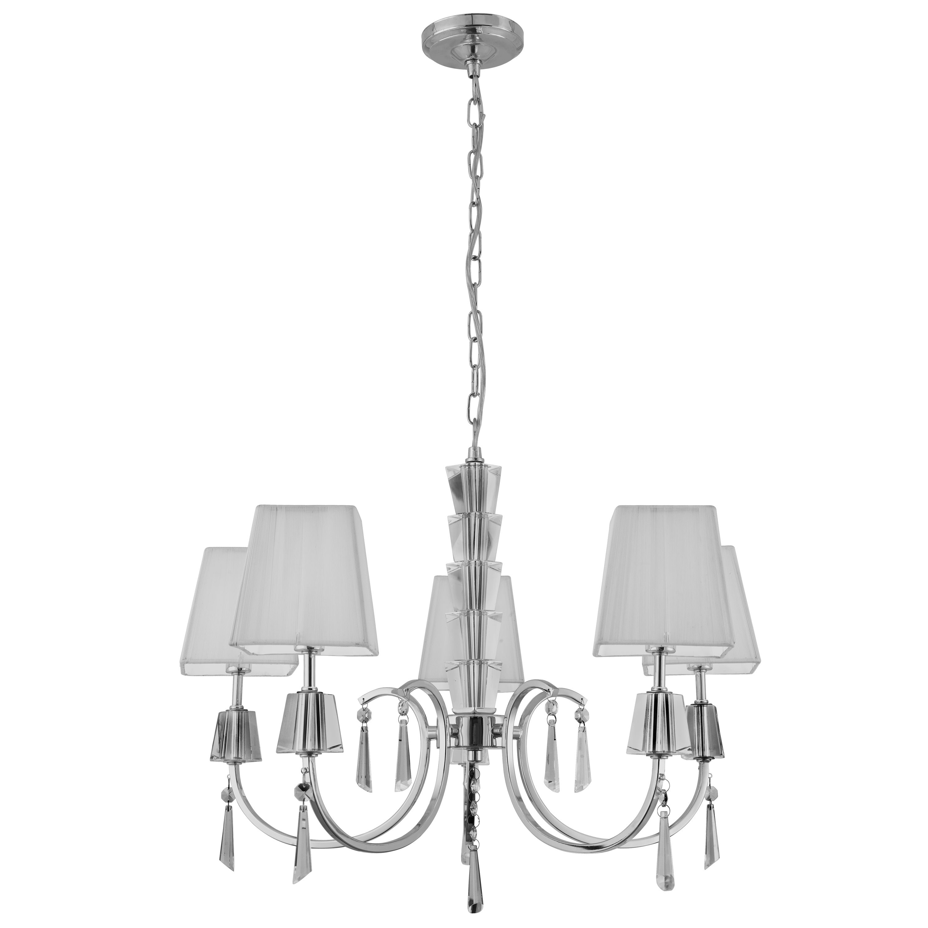 Searchlight Pilgrim Chrome 5 Light Pendant With Crystal Drops & Square White String Shades