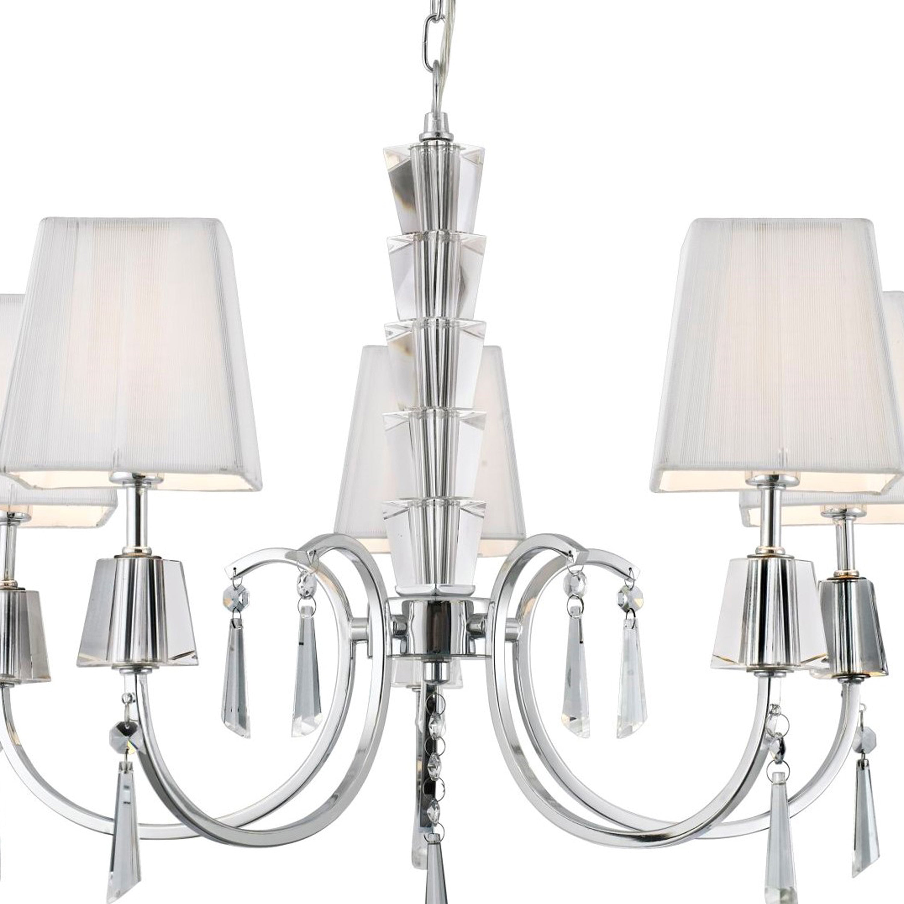 Searchlight Pilgrim Chrome 5 Light Pendant With Crystal Drops & Square White String Shades