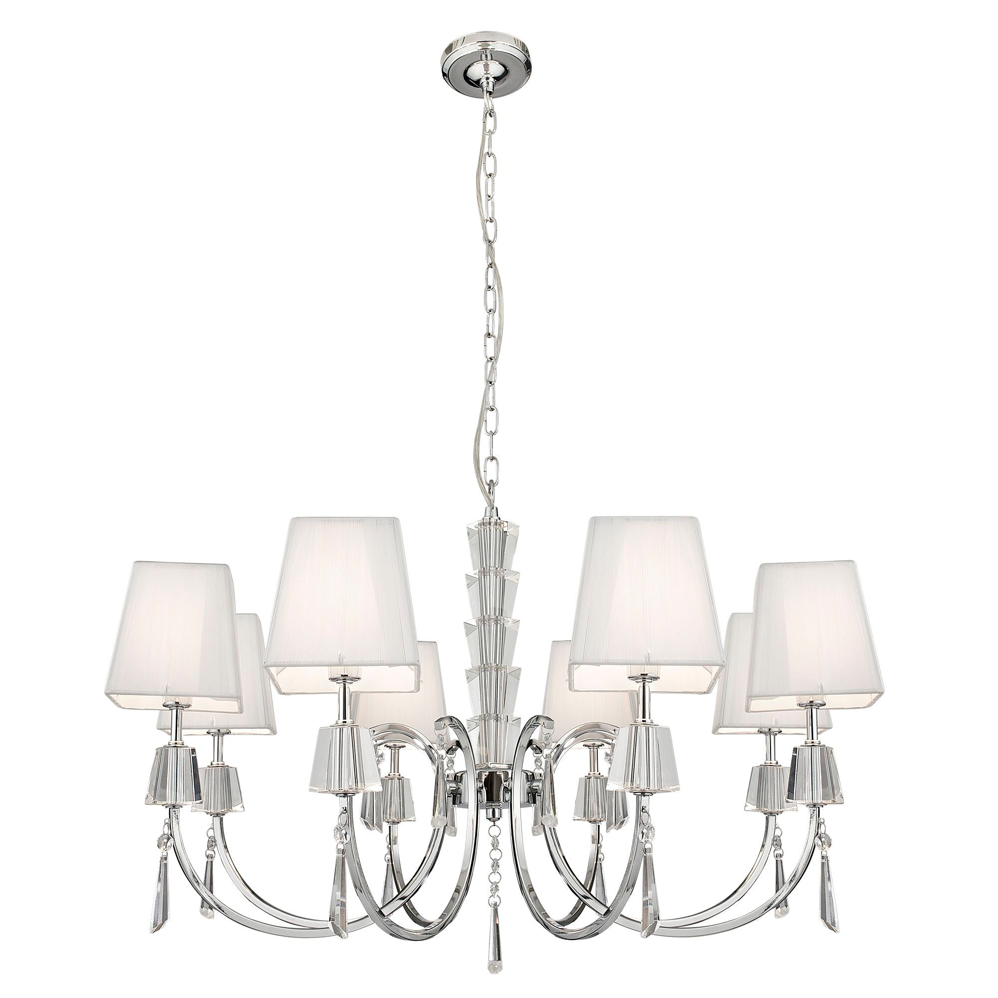 Searchlight Pilgrim Chrome 8 Light Pendant With Crystal Drops & Square White String Shades