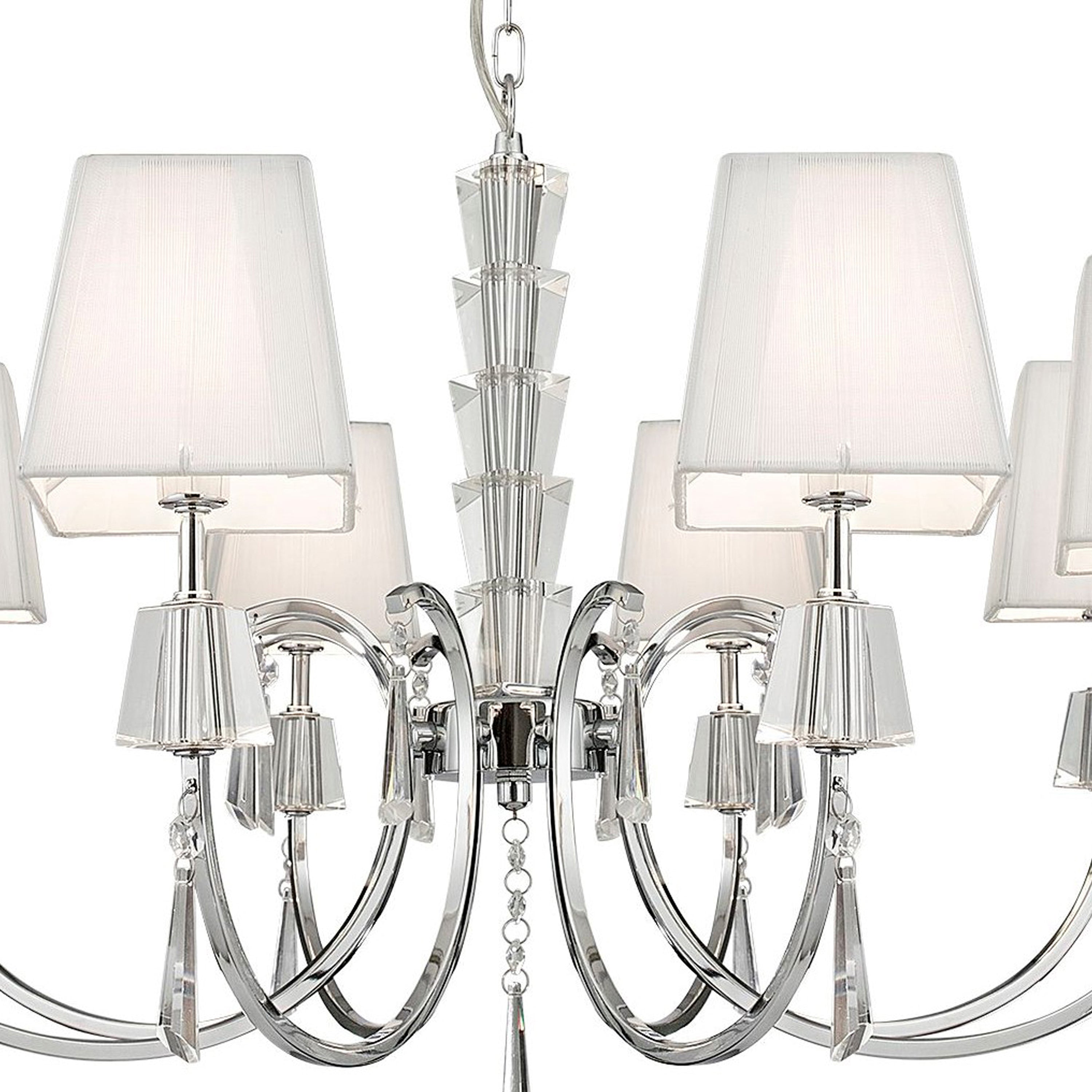 Searchlight Pilgrim Chrome 8 Light Pendant With Crystal Drops & Square White String Shades