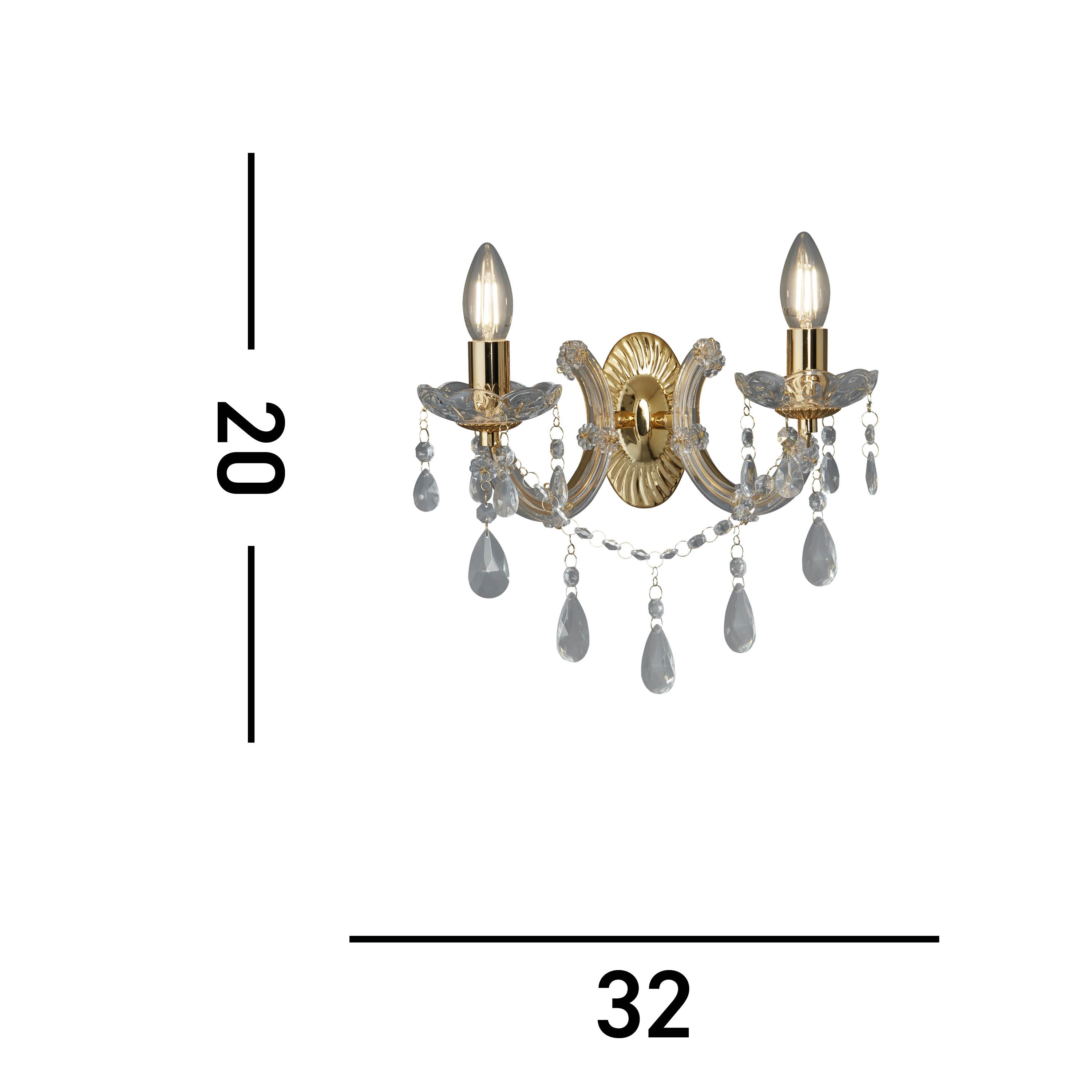 Searchlight Maple 2 Light Wall Bracket - Polished Brass & Clear Crystal Glass