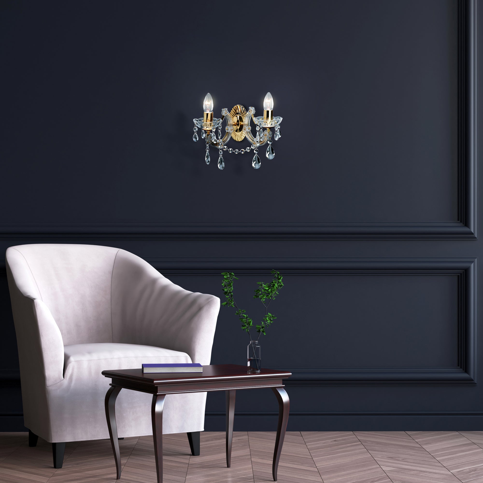 Searchlight Maple 2 Light Wall Bracket - Polished Brass & Clear Crystal Glass