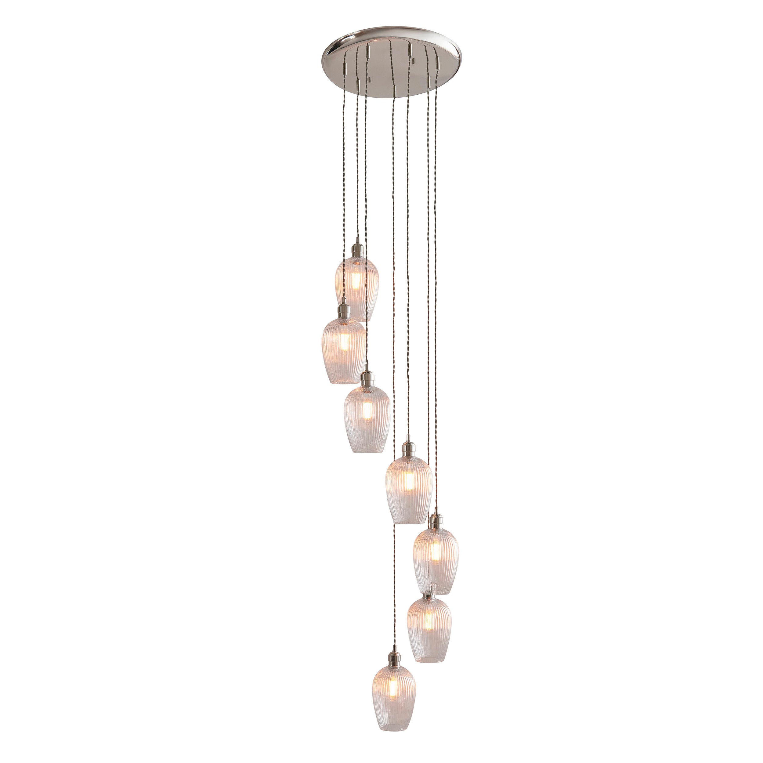 Utopia Finesse 7 Light Cascade Ceiling Pendant - Bright Nickel & Clear Ribbed Glass