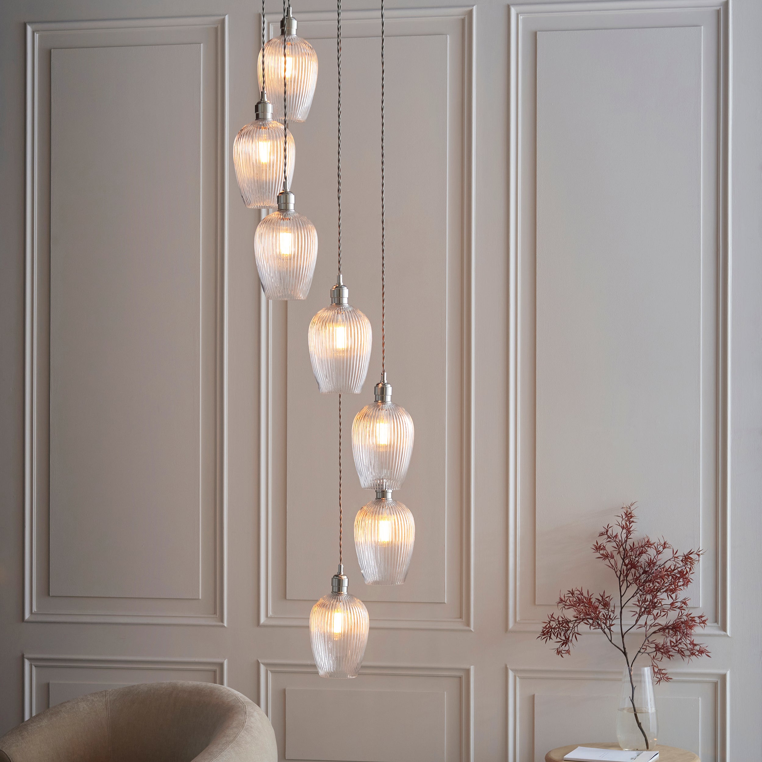 Utopia Finesse 7 Light Cascade Ceiling Pendant - Bright Nickel & Clear Ribbed Glass