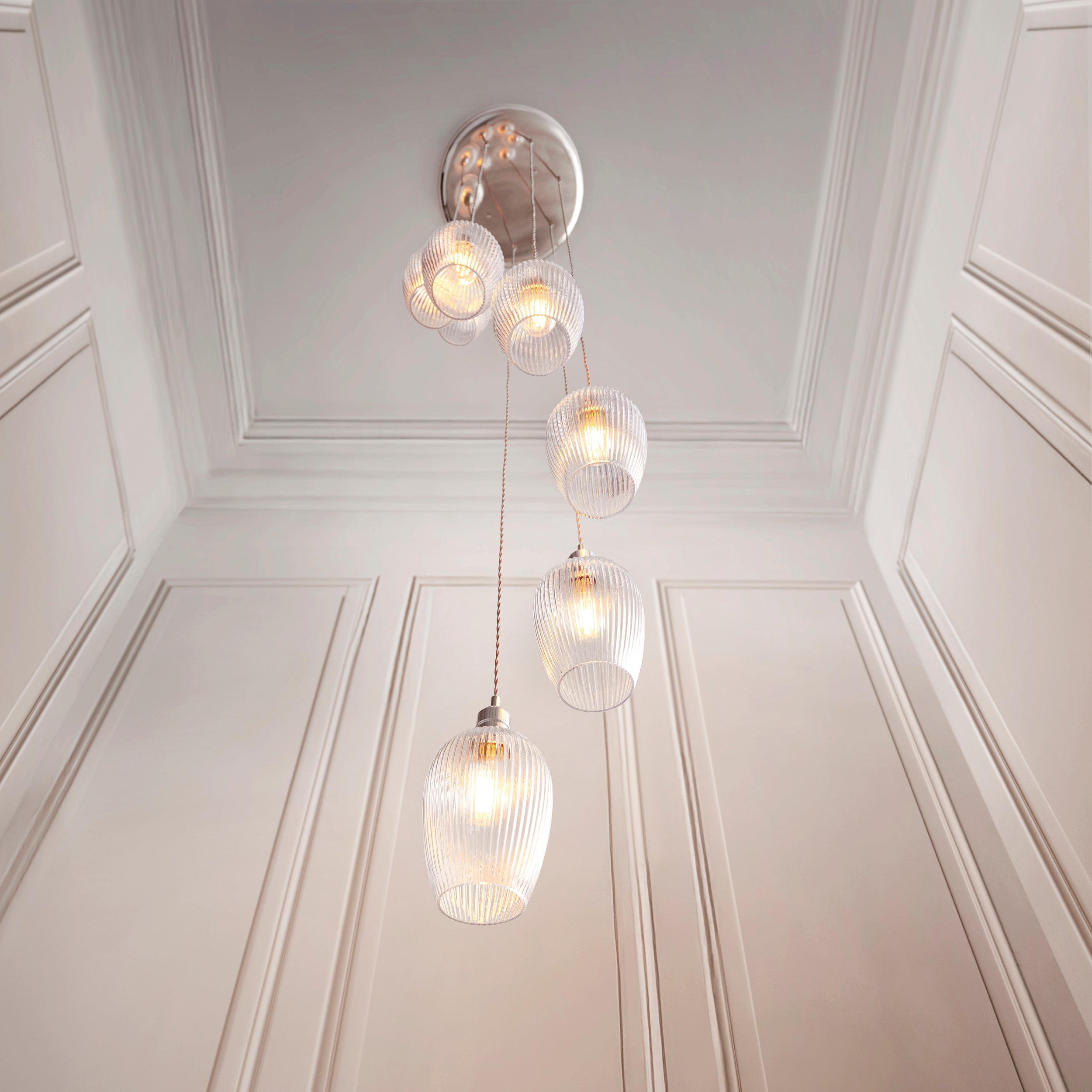 Utopia Finesse 7 Light Cascade Ceiling Pendant - Bright Nickel & Clear Ribbed Glass