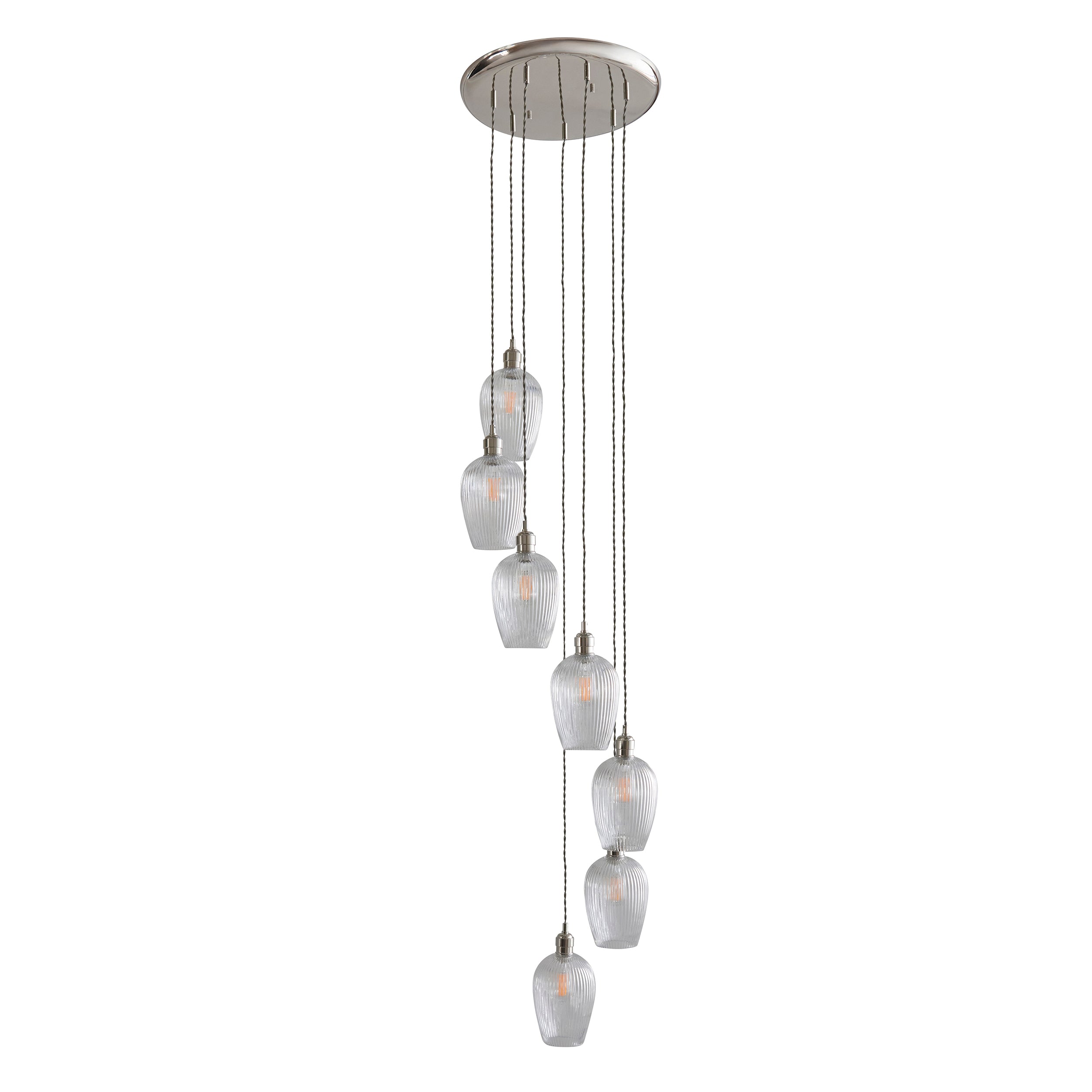 Utopia Finesse 7 Light Cascade Ceiling Pendant - Bright Nickel & Clear Ribbed Glass