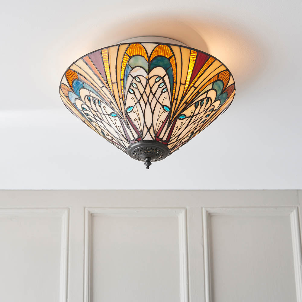 Interiors 1900 Hector Medium 2 Light Flush Fitting Pendant -Handcrafted Tiffany Style Glass