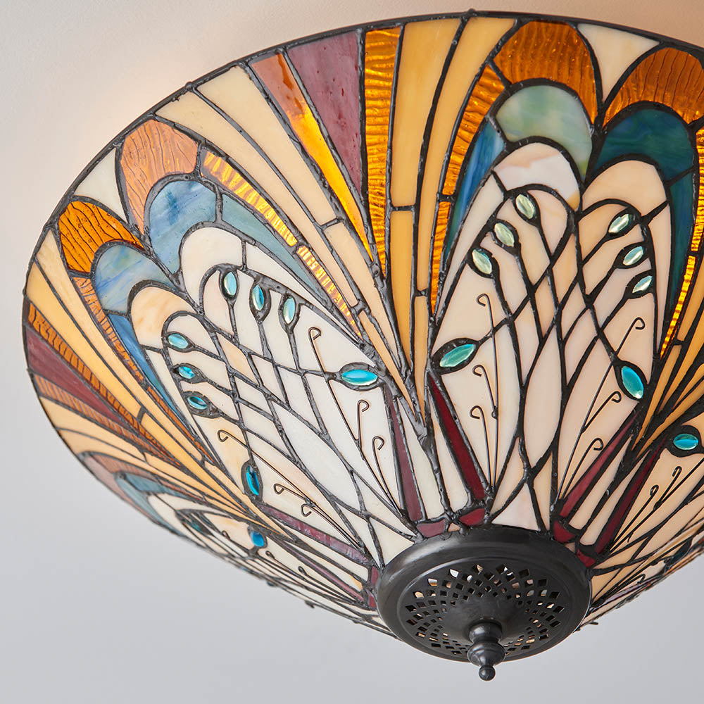 Interiors 1900 Hector Medium 2 Light Flush Fitting Pendant -Handcrafted Tiffany Style Glass