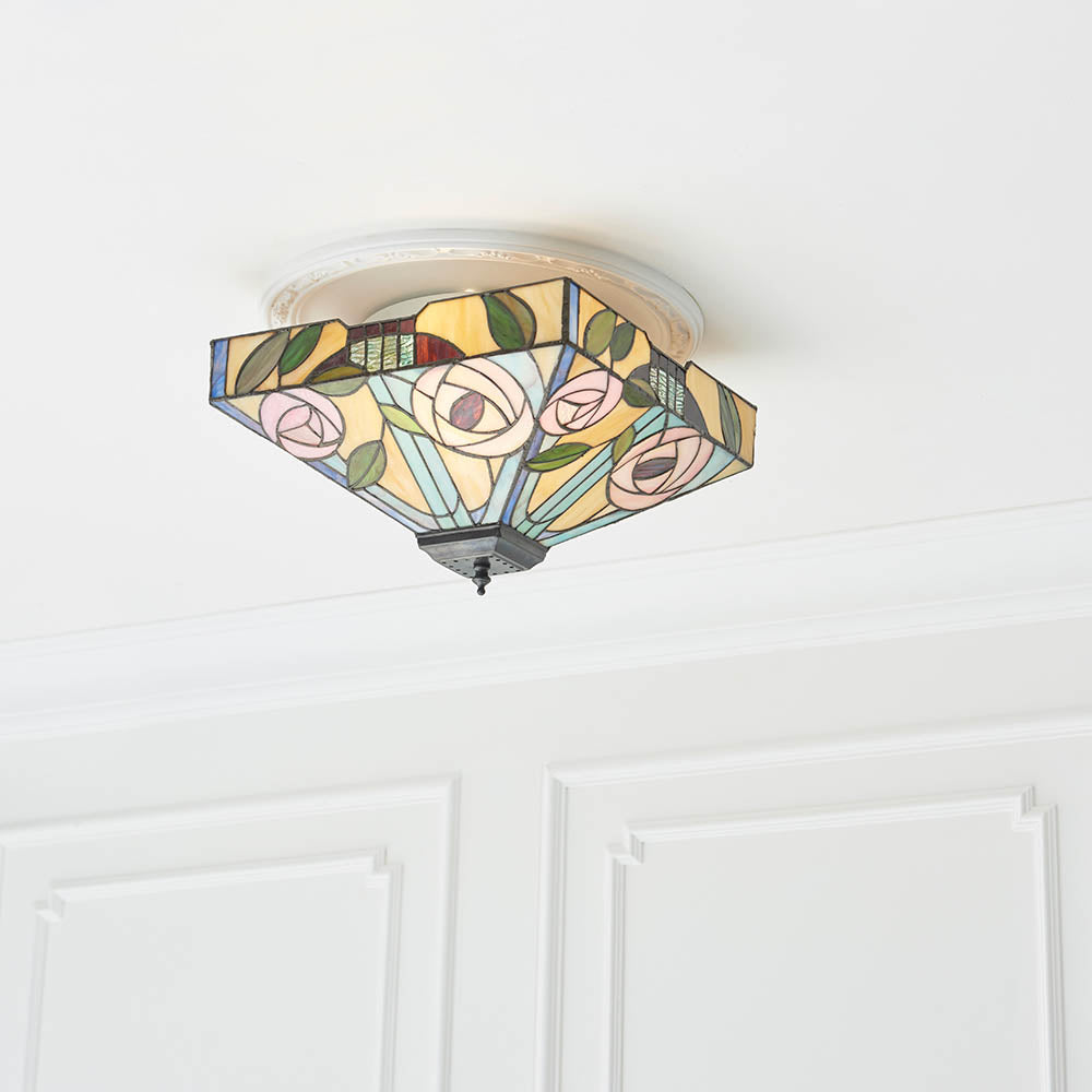 Interiors 1900 Willow Medium 2 Light Flush Fitting Pendant -Handcrafted Tiffany Style Glass