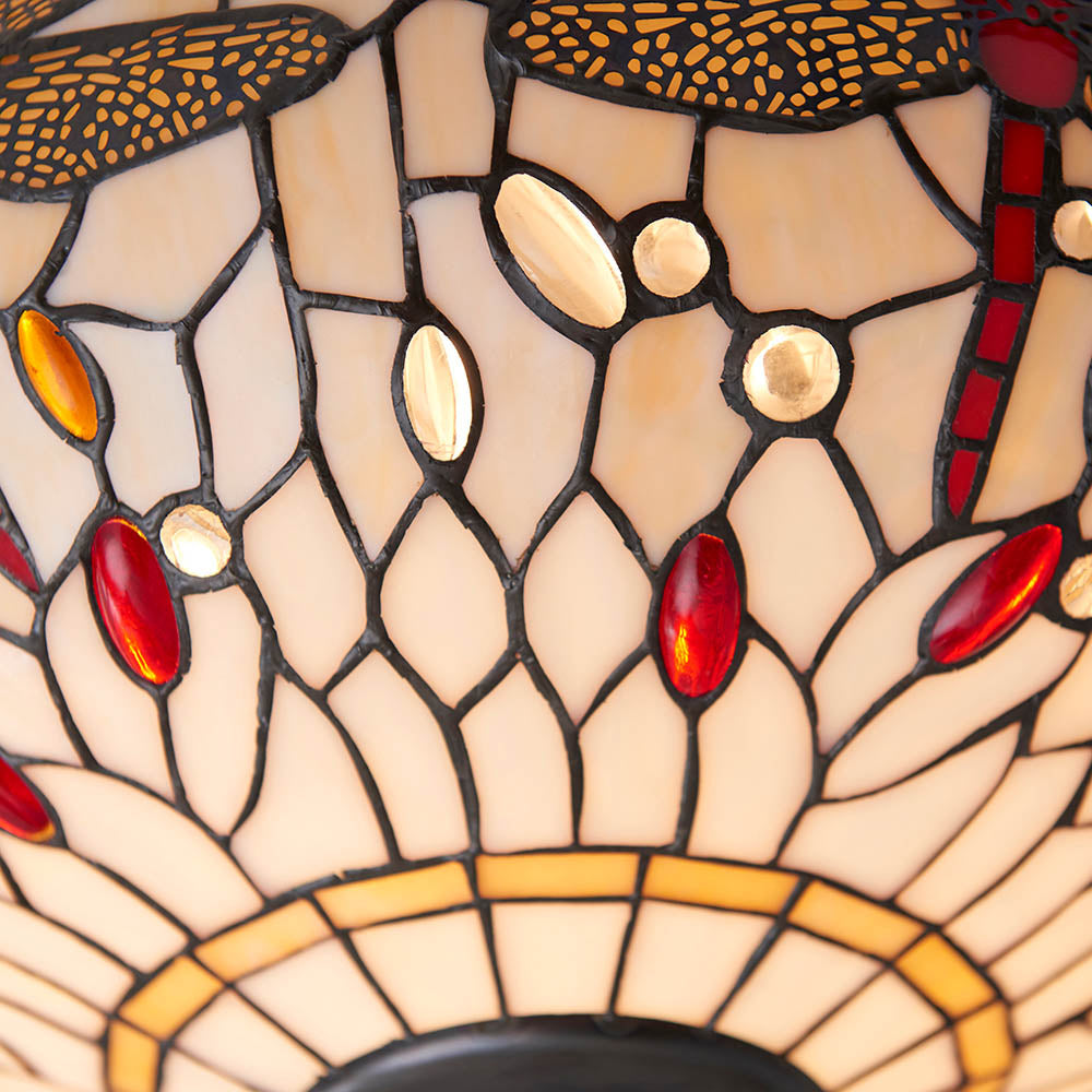 Interiors 1900 Dragonfly Beige Medium 2 Light Flush Fitting Pendant -Handcrafted Tiffany Style Glass