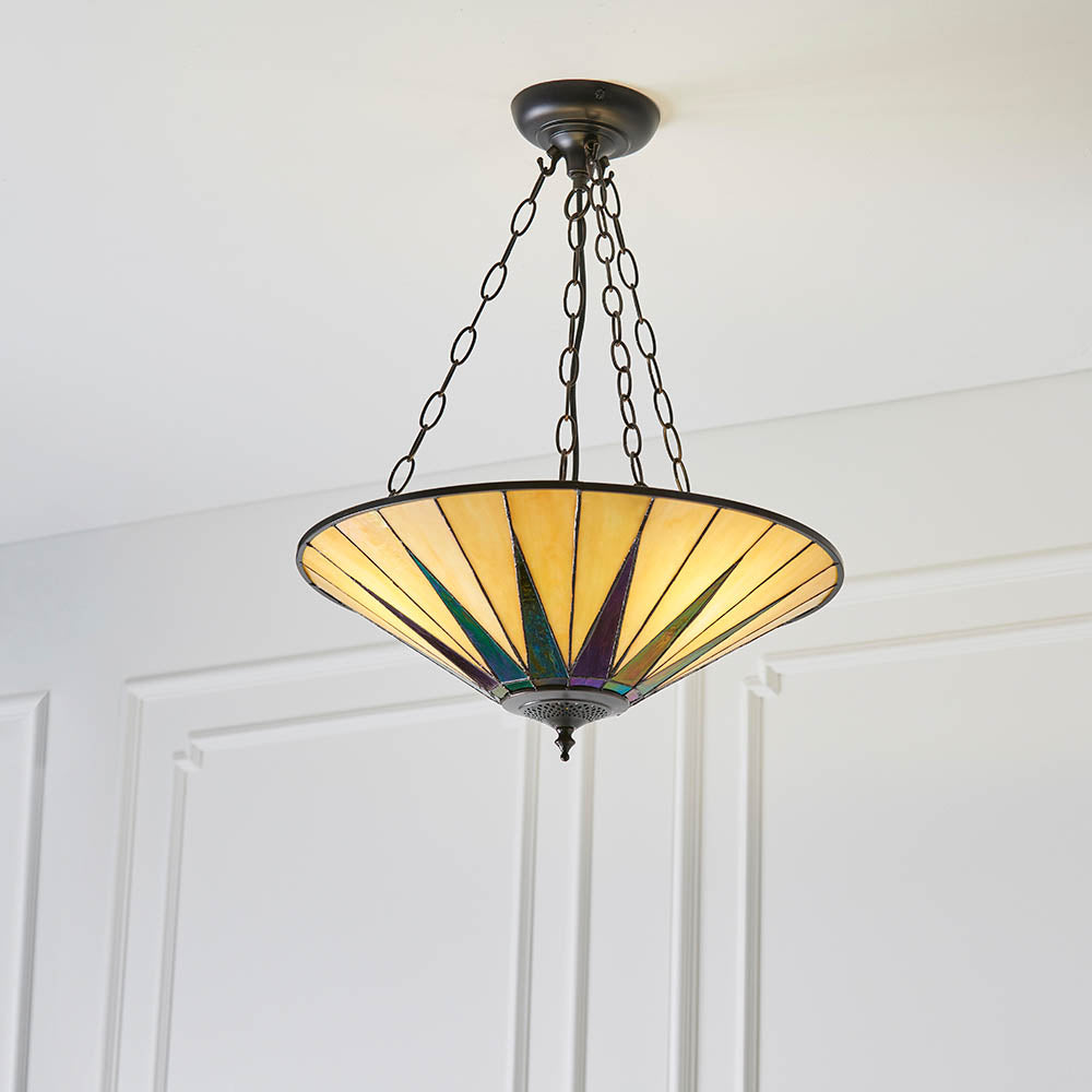 Interiors 1900 Dark Star Large Inverted 3 Light Pendant - Handcrafted Tiffany Style Glass