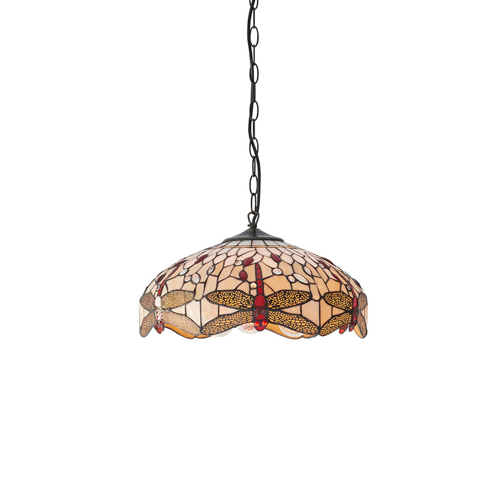 Interiors 1900 Dragonfly Beige Medium 3 Light Pendant - Handcrafted Tiffany Style Glass