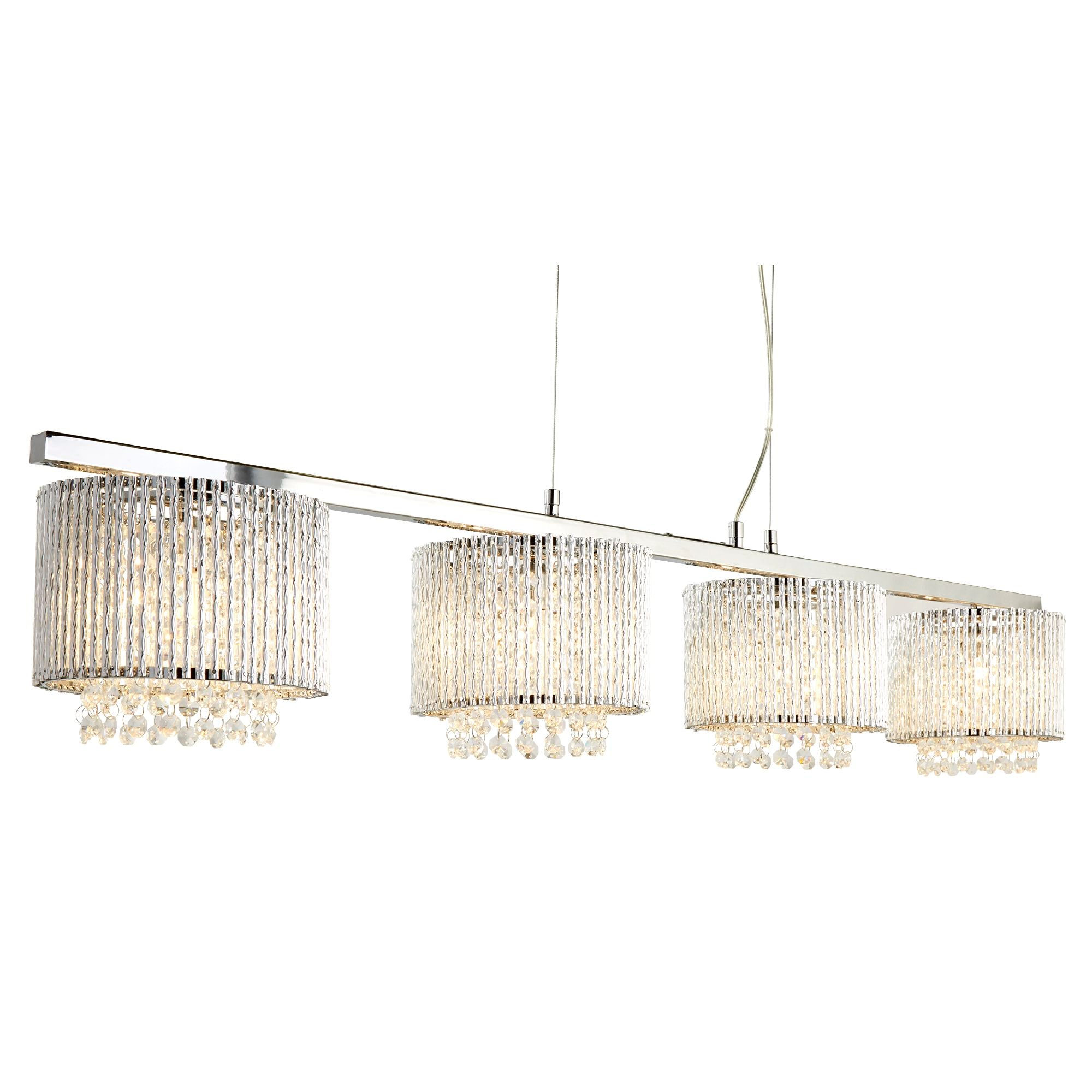 Searchlight Edgeware 4 Light Ceiling Bar, Clear Crystal Drops, Aluminium Tubes Trim, Chrome