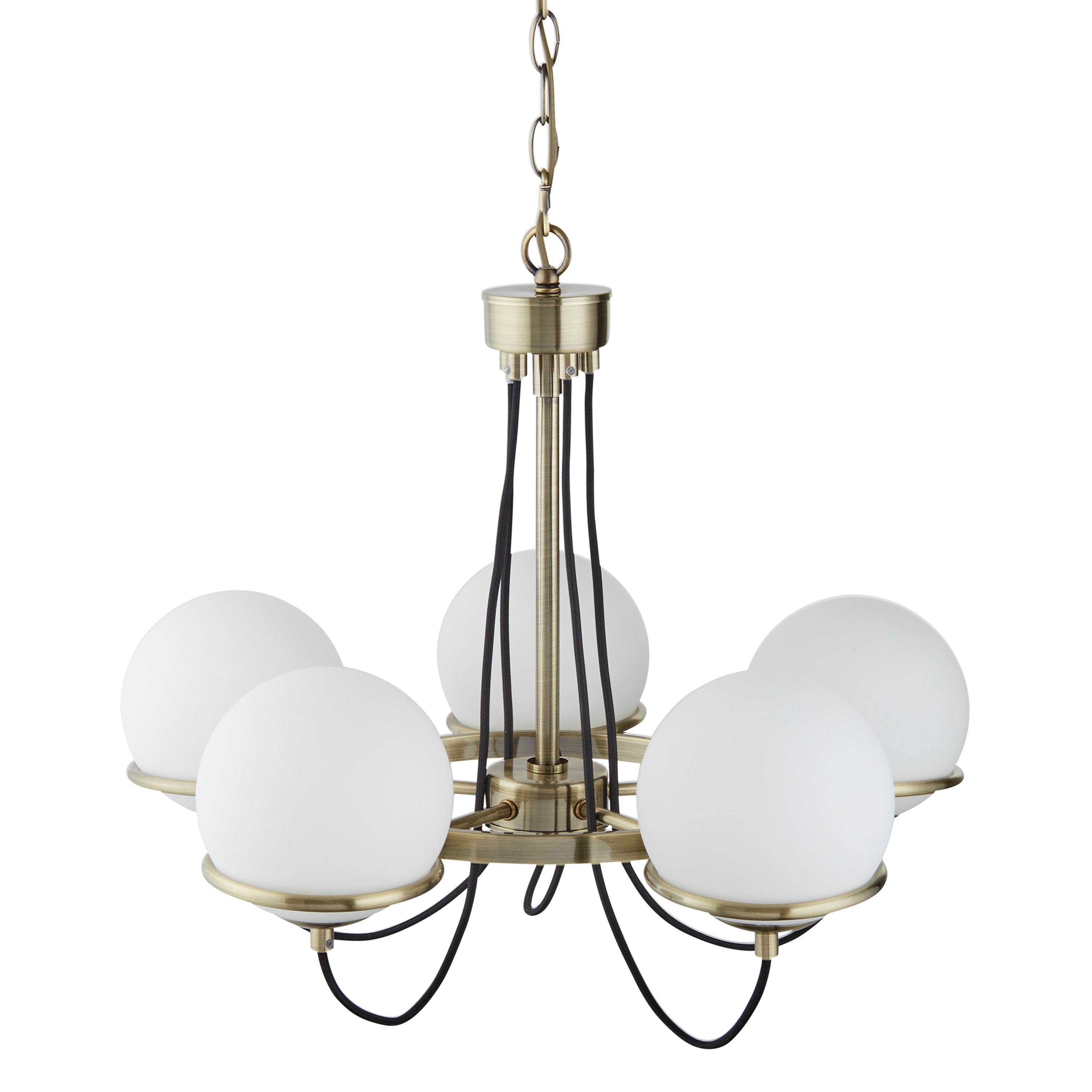 Searchlight Angela Antique Brass, 5 Light Pendant, Black Braided Cable, Opal Glass, Adjustable