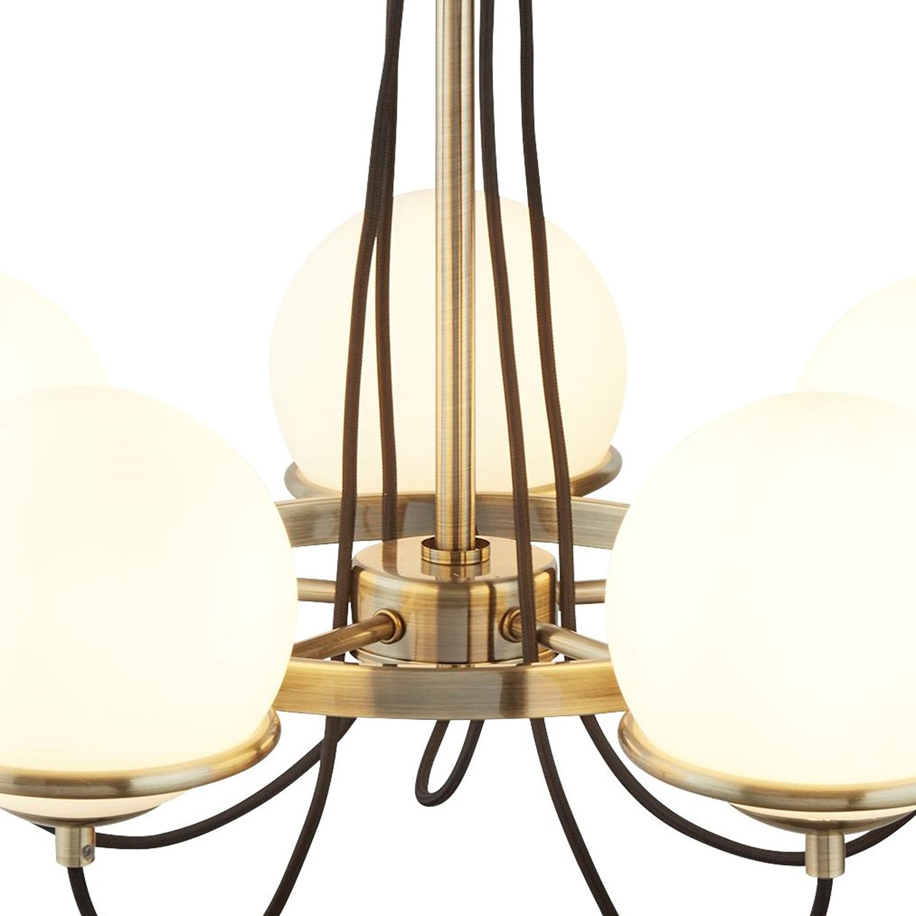 Searchlight Angela Antique Brass, 5 Light Pendant, Black Braided Cable, Opal Glass, Adjustable