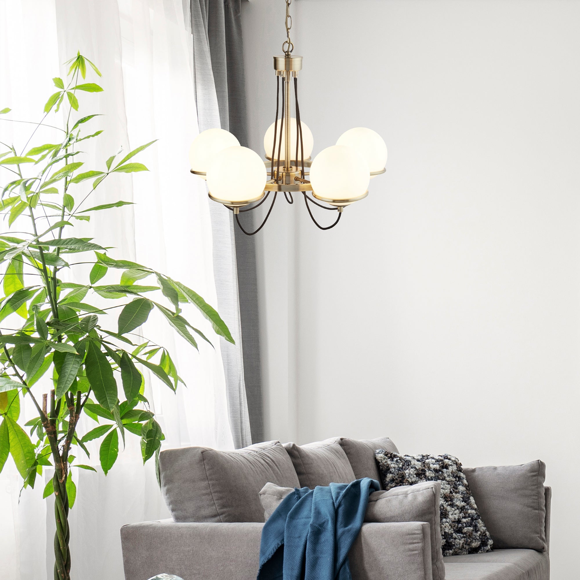 Searchlight Angela Antique Brass, 5 Light Pendant, Black Braided Cable, Opal Glass, Adjustable