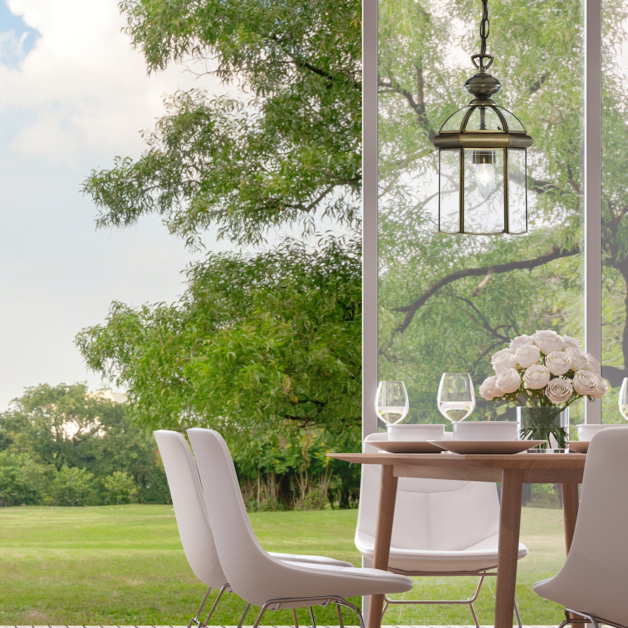 Searchlight Angela Antique Brass Domed Lantern With Bevelled Glass Panels, Adjustable