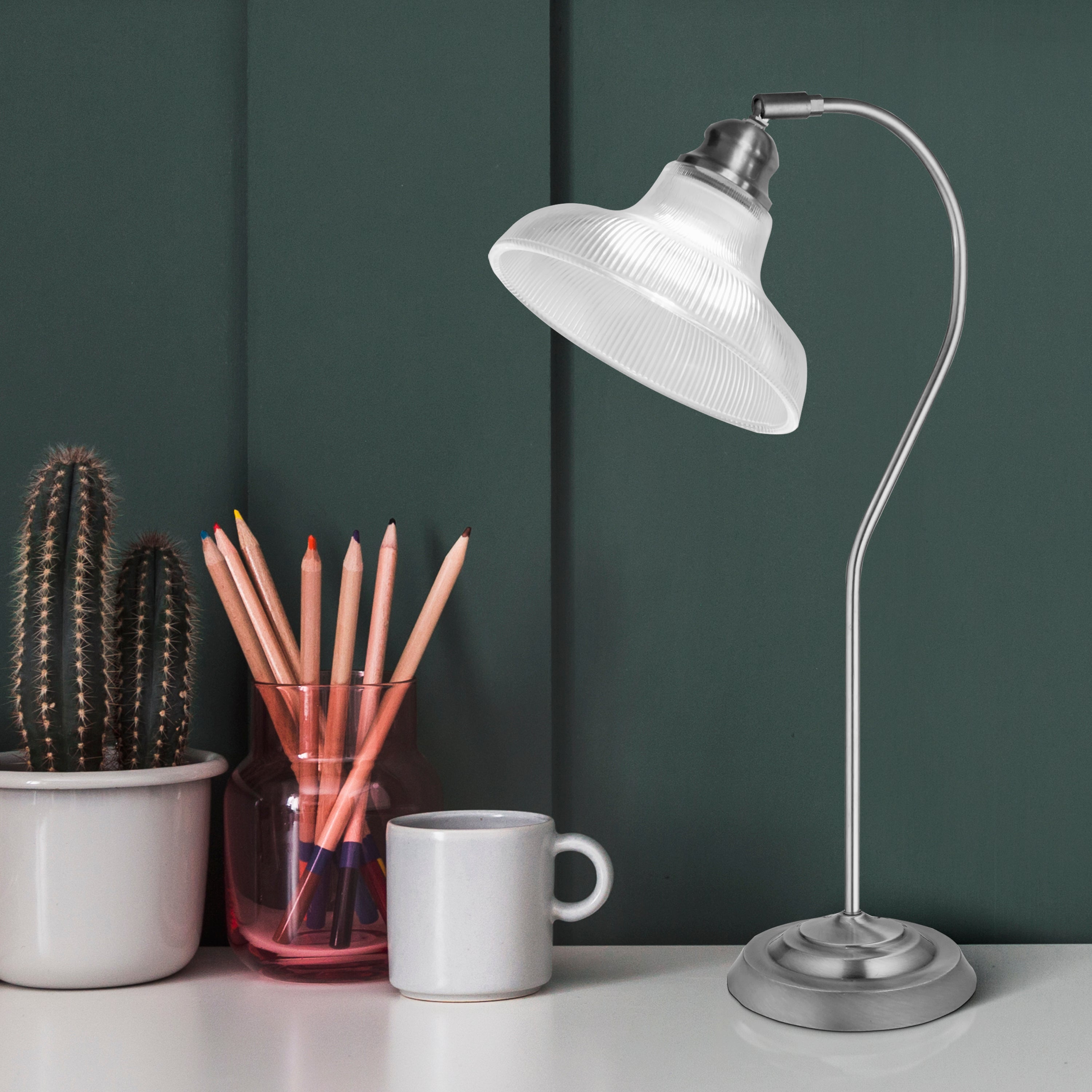 Searchlight Beech III Table Lamp - Satin Silver & Holophane Style Glass