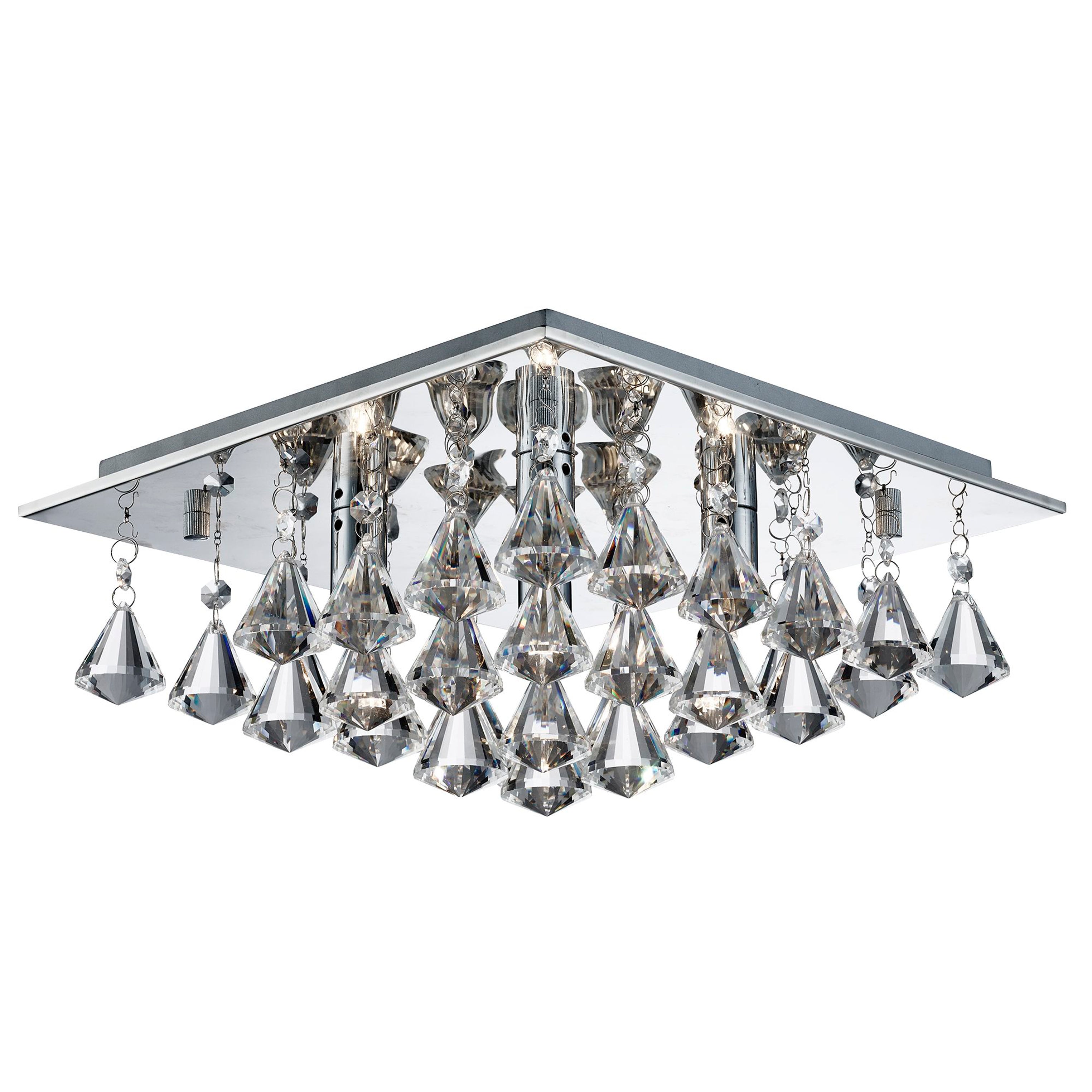 Searchlight Hampstead - 4 Light Square Flush Ceiling, Chrome, Clear Crystal Pyramid Drops