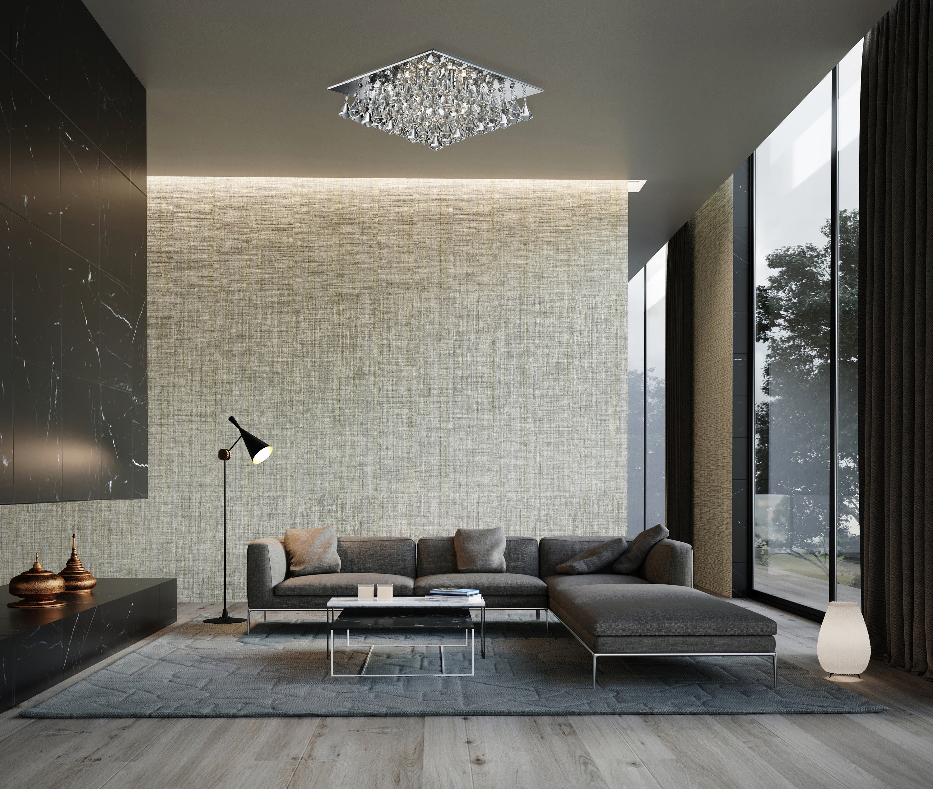 Searchlight Hampstead - 6 Light Square Flush Ceiling, Chrome, Clear Crystal Pyramid Drops