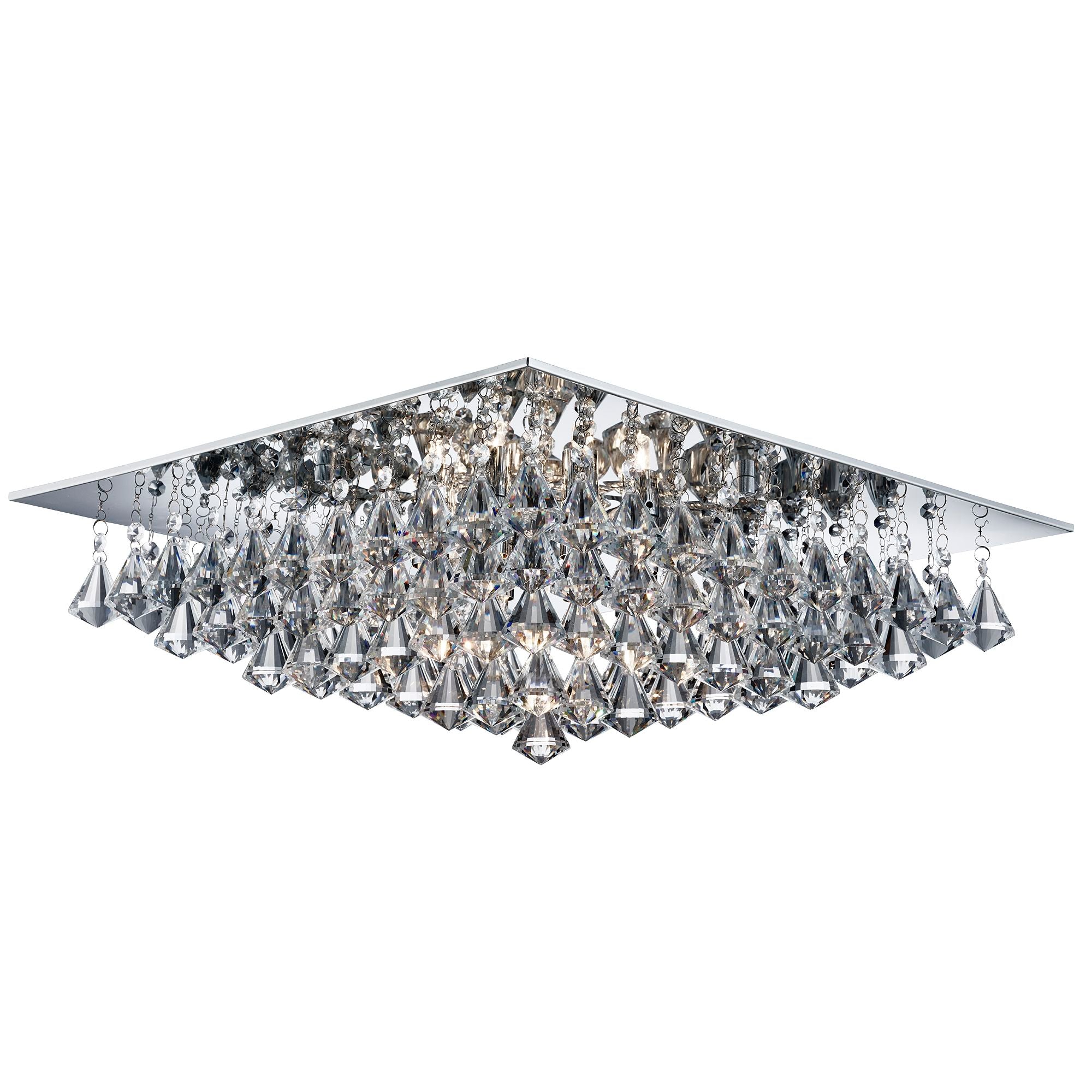 Searchlight Hampstead - 8 Light Square Flush Ceiling, Chrome, Clear Crystal Pyramid Drops