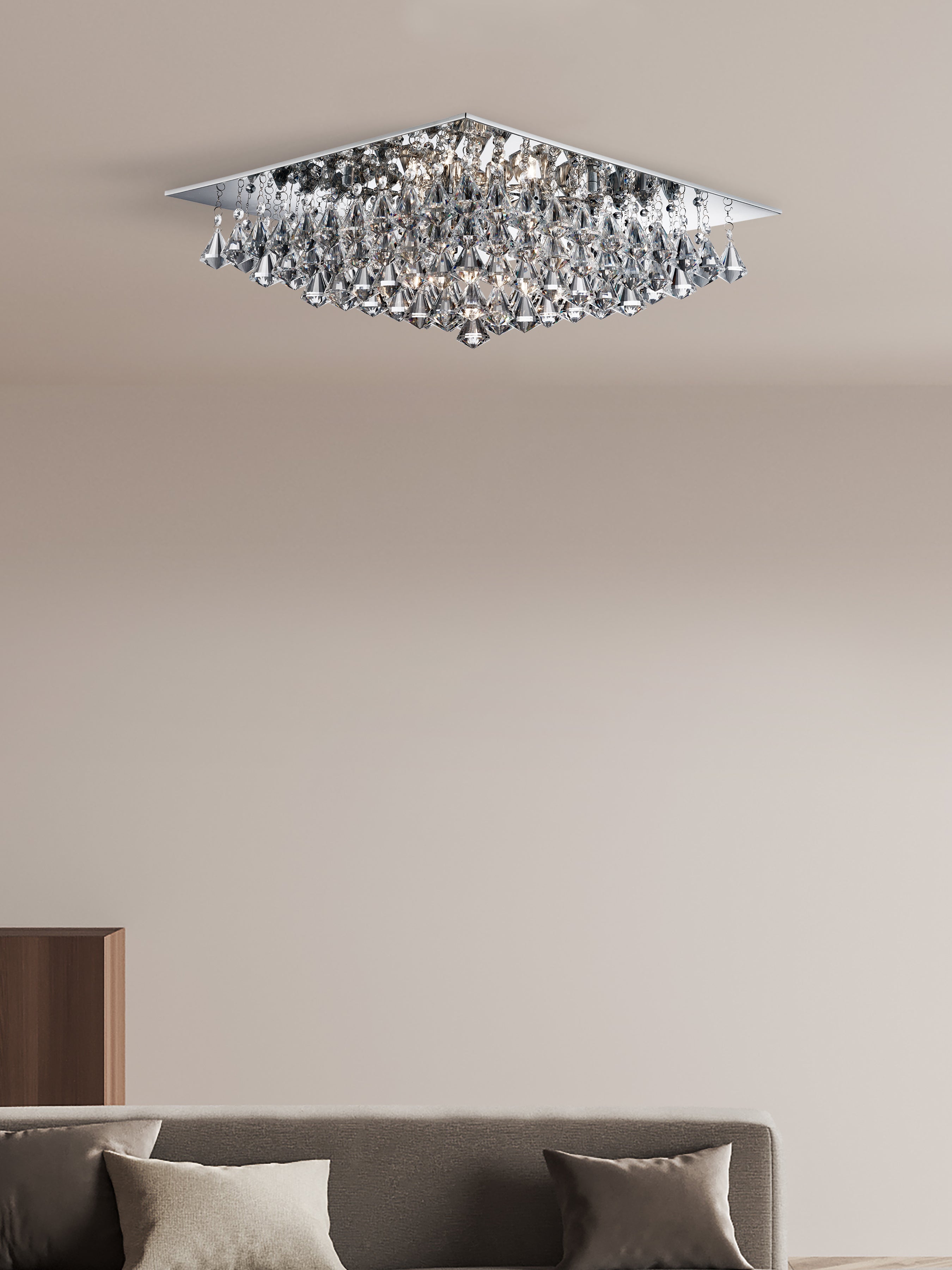 Searchlight Hampstead - 8 Light Square Flush Ceiling, Chrome, Clear Crystal Pyramid Drops