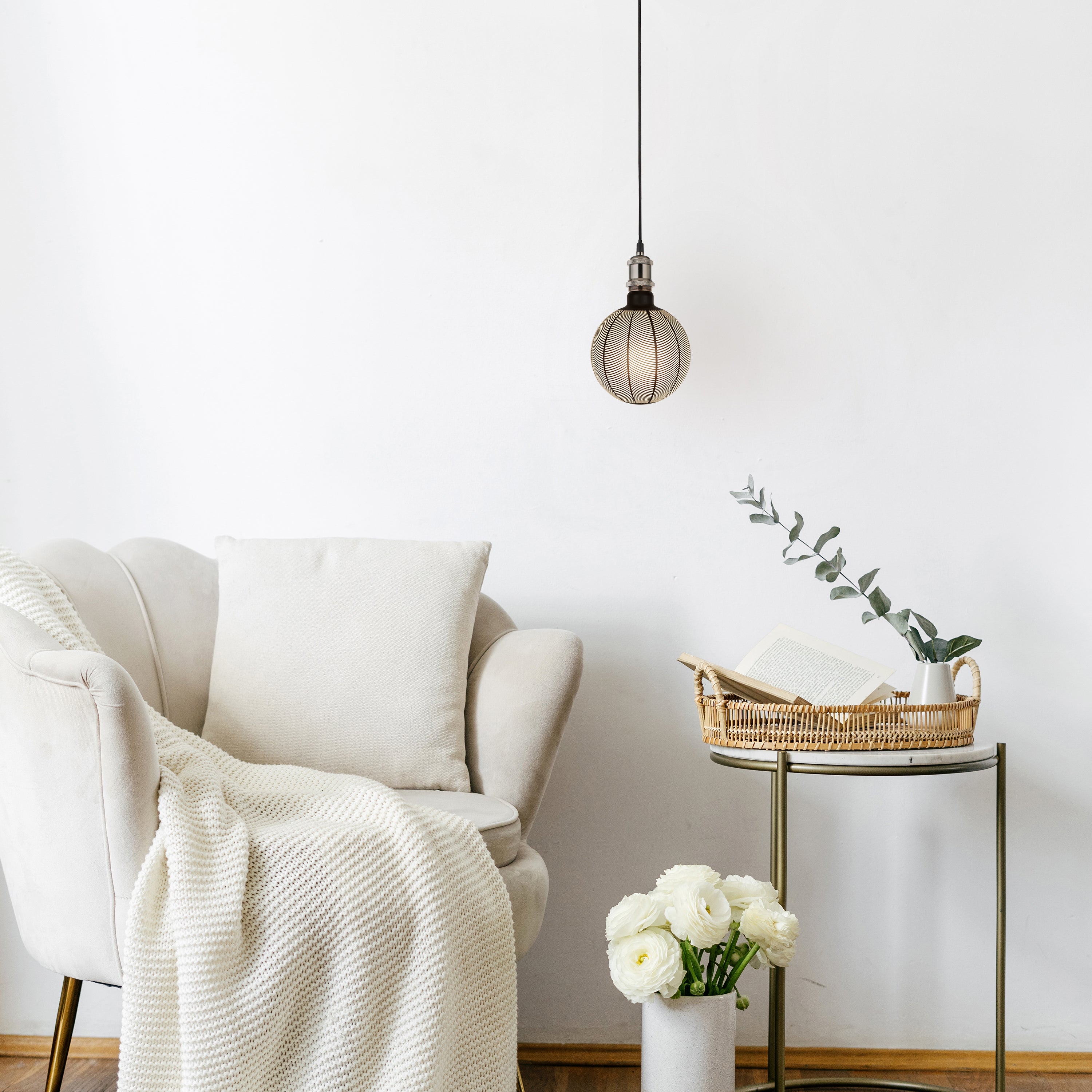 Searchlight Talbot 1 Light Textile Cable Suspension - Satin Silver & Black