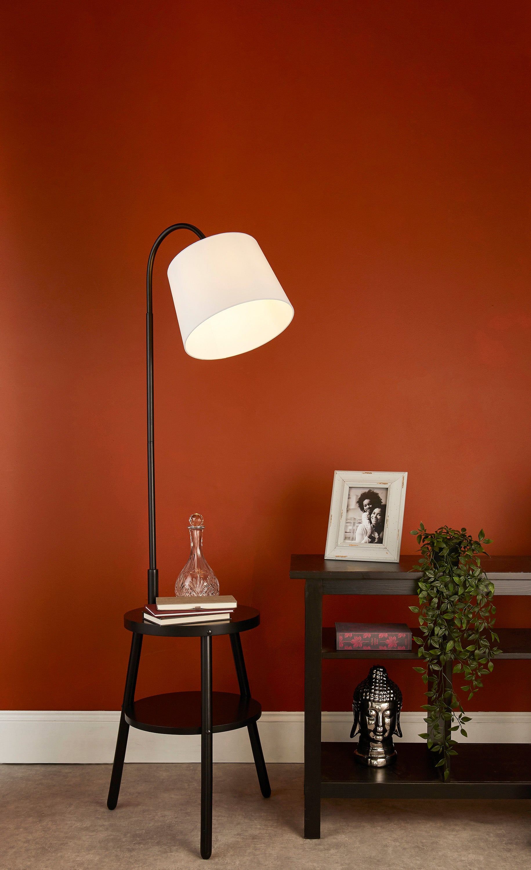 Searchlight Ray Shelf Floor Lamp - Black, Wood & White Fabric