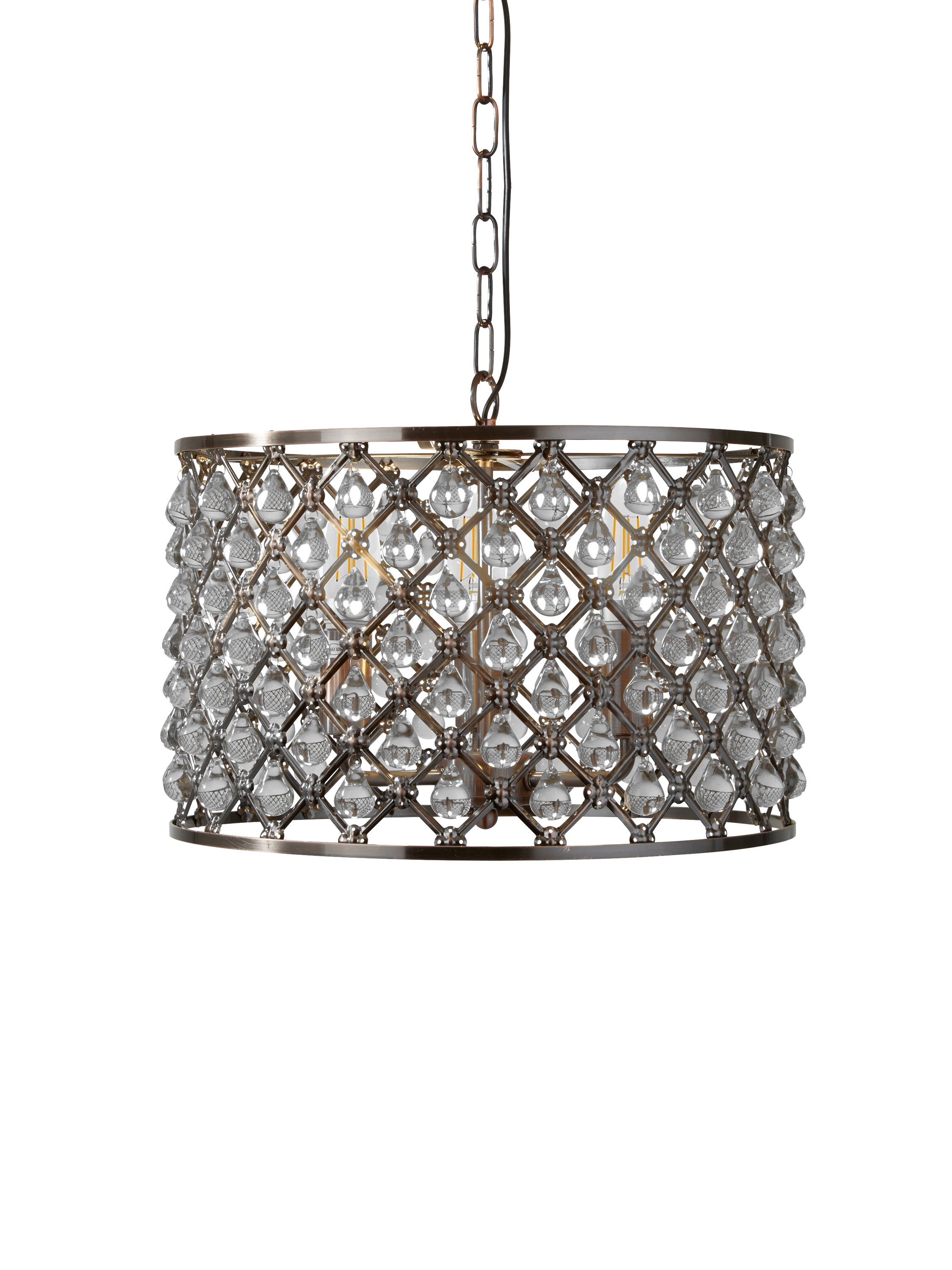 Searchlight Marie 3 Light Drum Pendant, Antique Copper, Glass Tear Drop Trim