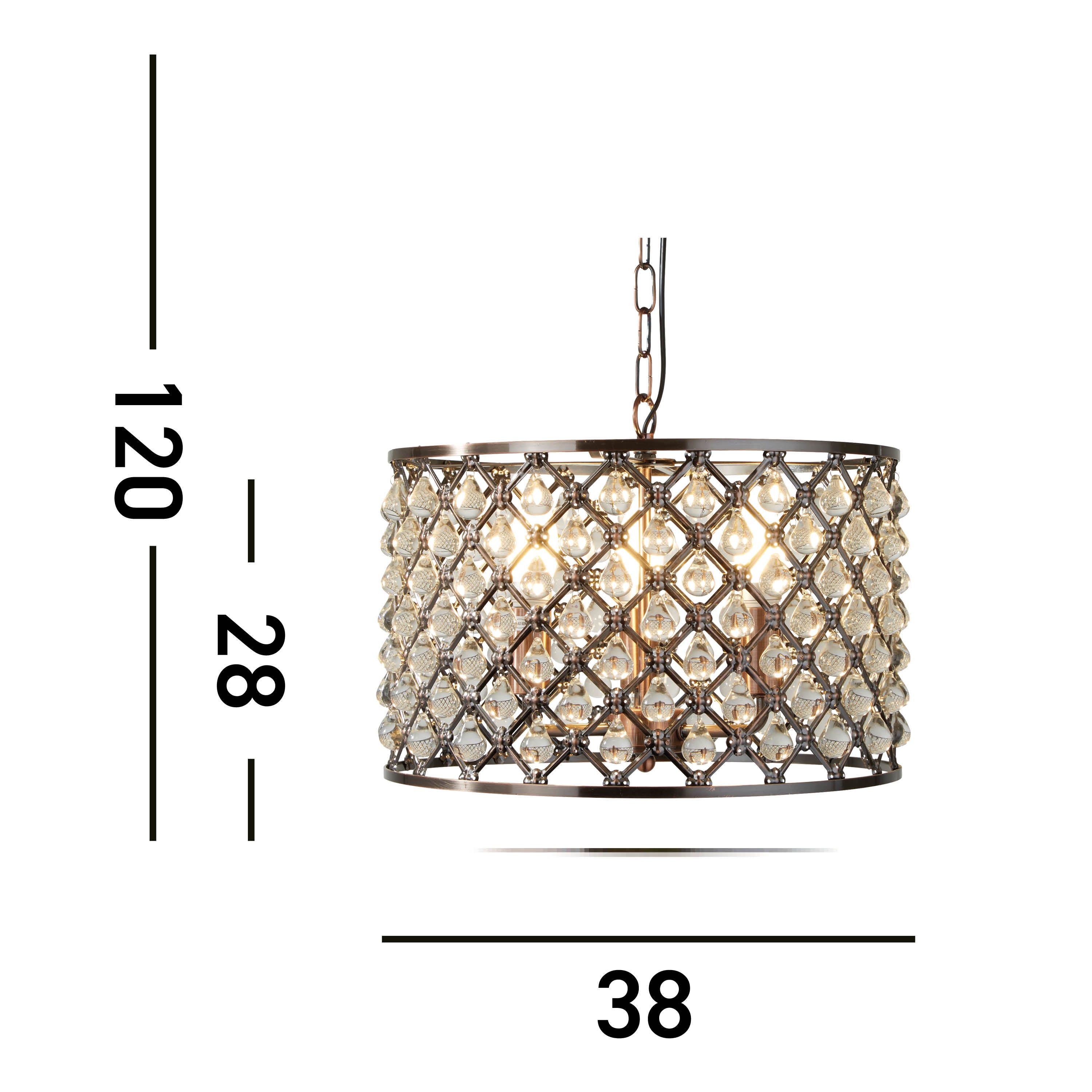 Searchlight Marie 3 Light Drum Pendant, Antique Copper, Glass Tear Drop Trim