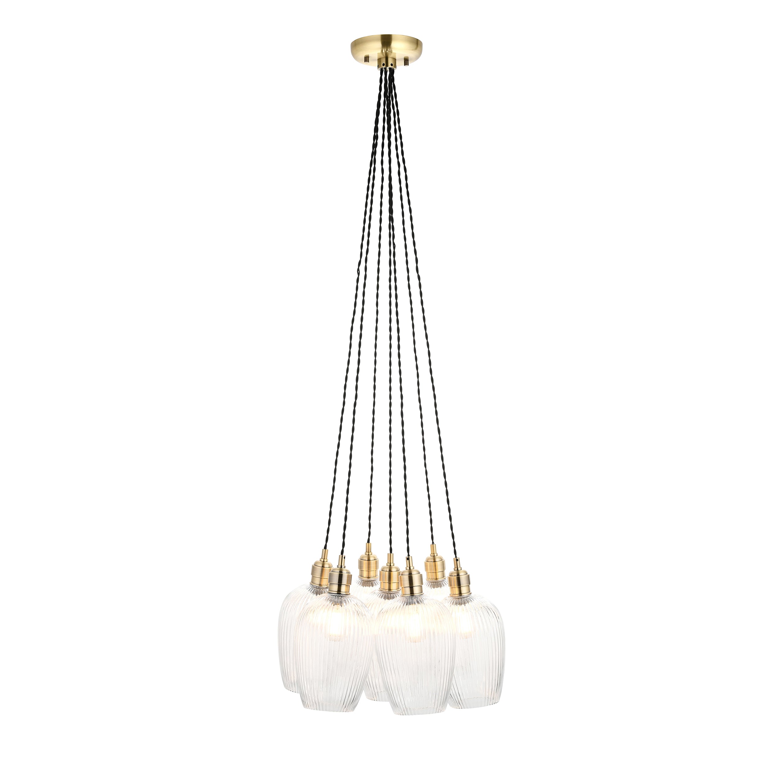 Utopia Finesse 7 Light Cluster Ceiling Pendant - Antique Brass & Clear Ribbed Glass
