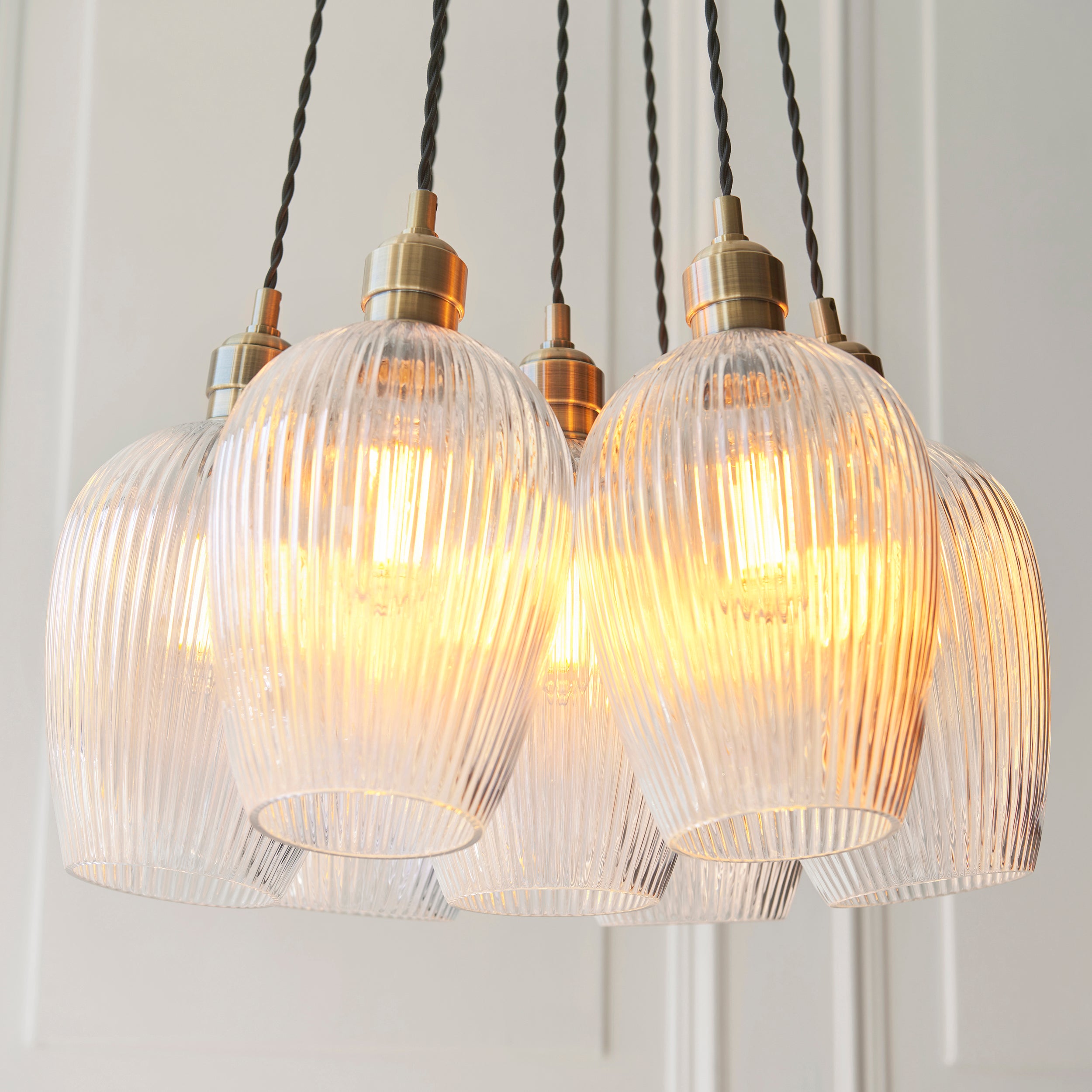 Utopia Finesse 7 Light Cluster Ceiling Pendant - Antique Brass & Clear Ribbed Glass