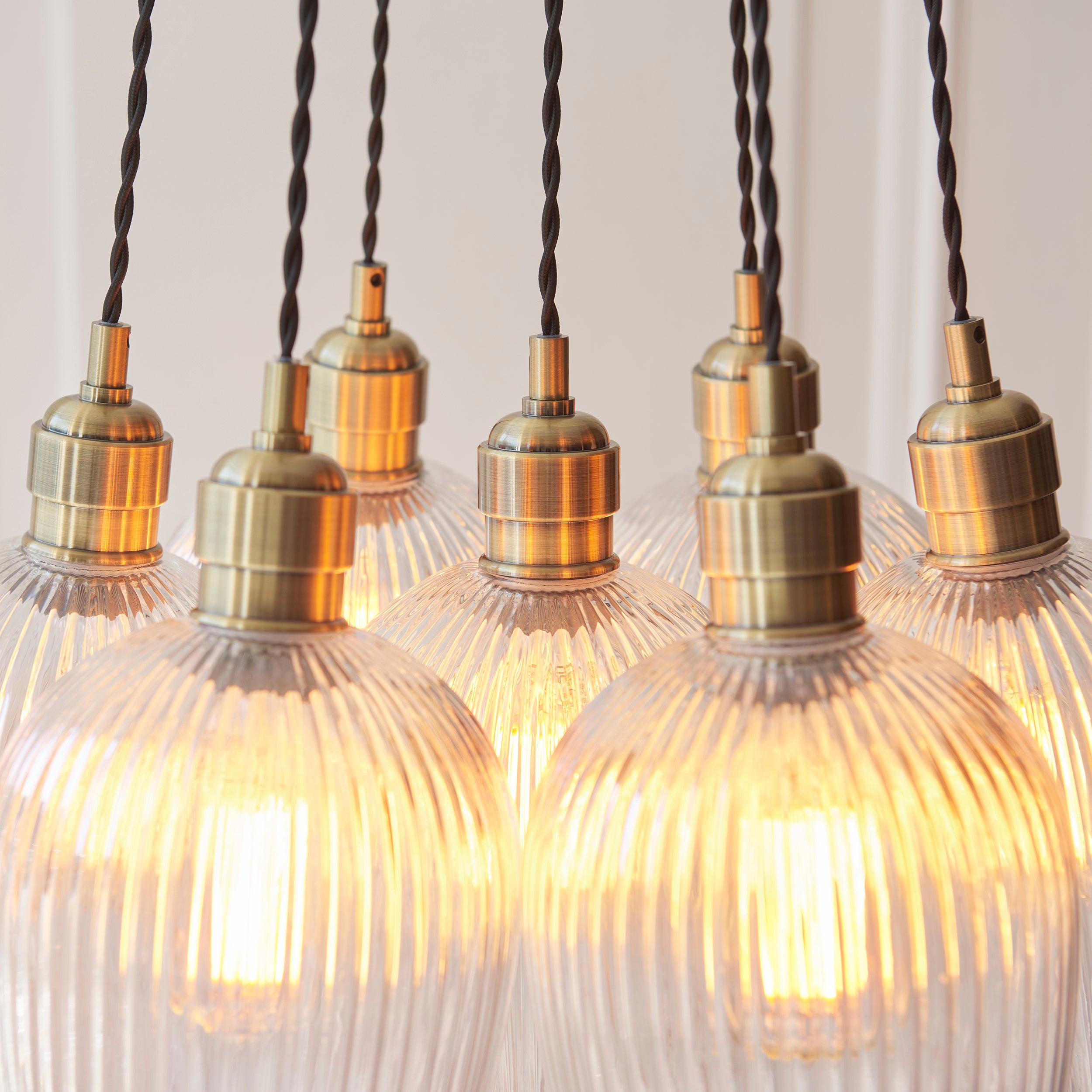 Utopia Finesse 7 Light Cluster Ceiling Pendant - Antique Brass & Clear Ribbed Glass