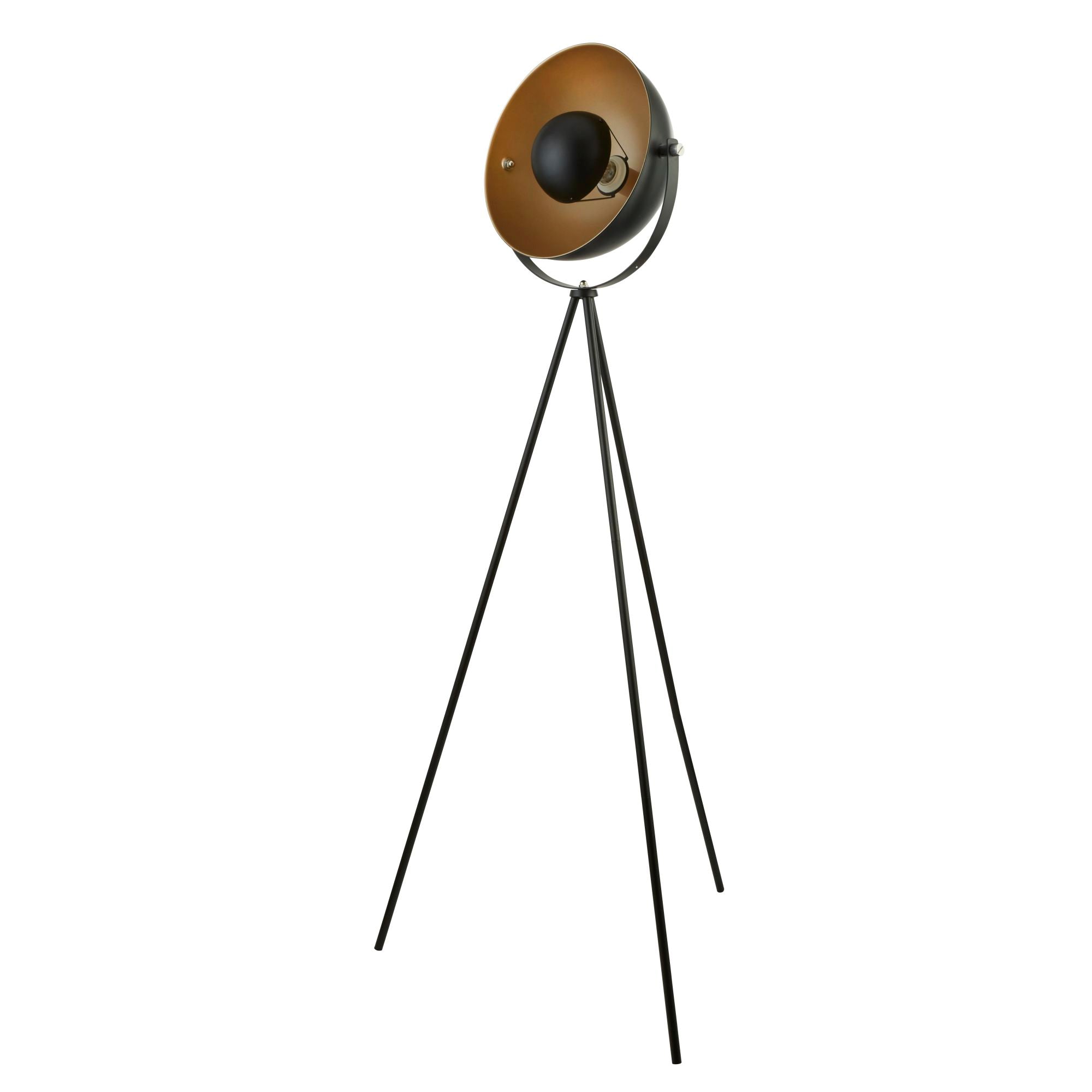 Searchlight Belgrave Single Tripod Floor Lamp, Matt Black With Gold Shade Interior