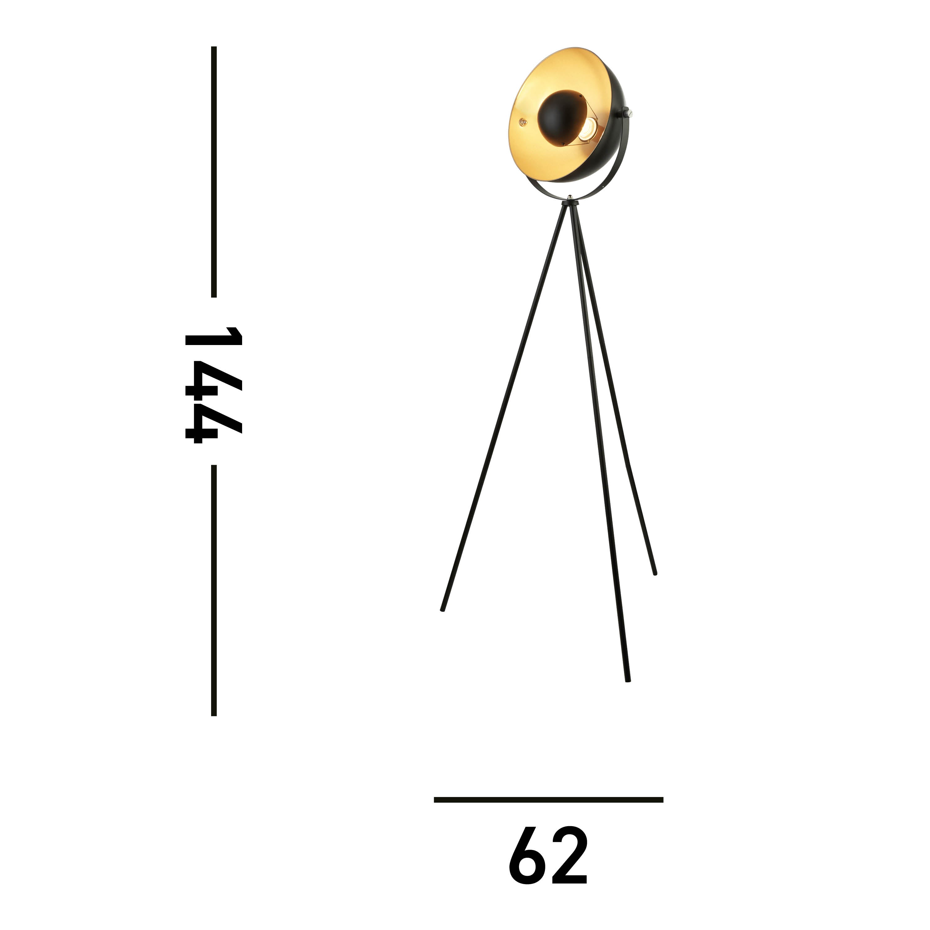 Searchlight Belgrave Single Tripod Floor Lamp, Matt Black With Gold Shade Interior