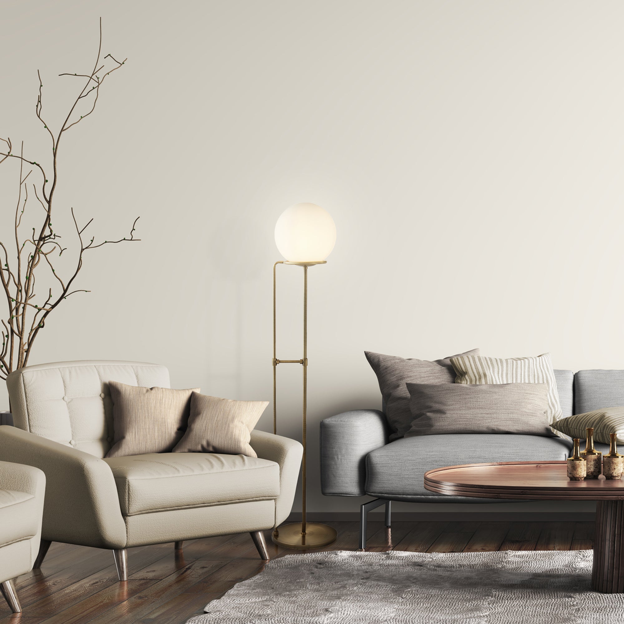 Searchlight Sophia Single Floor Lamp, Antique Brass, Opal White Glass Shade