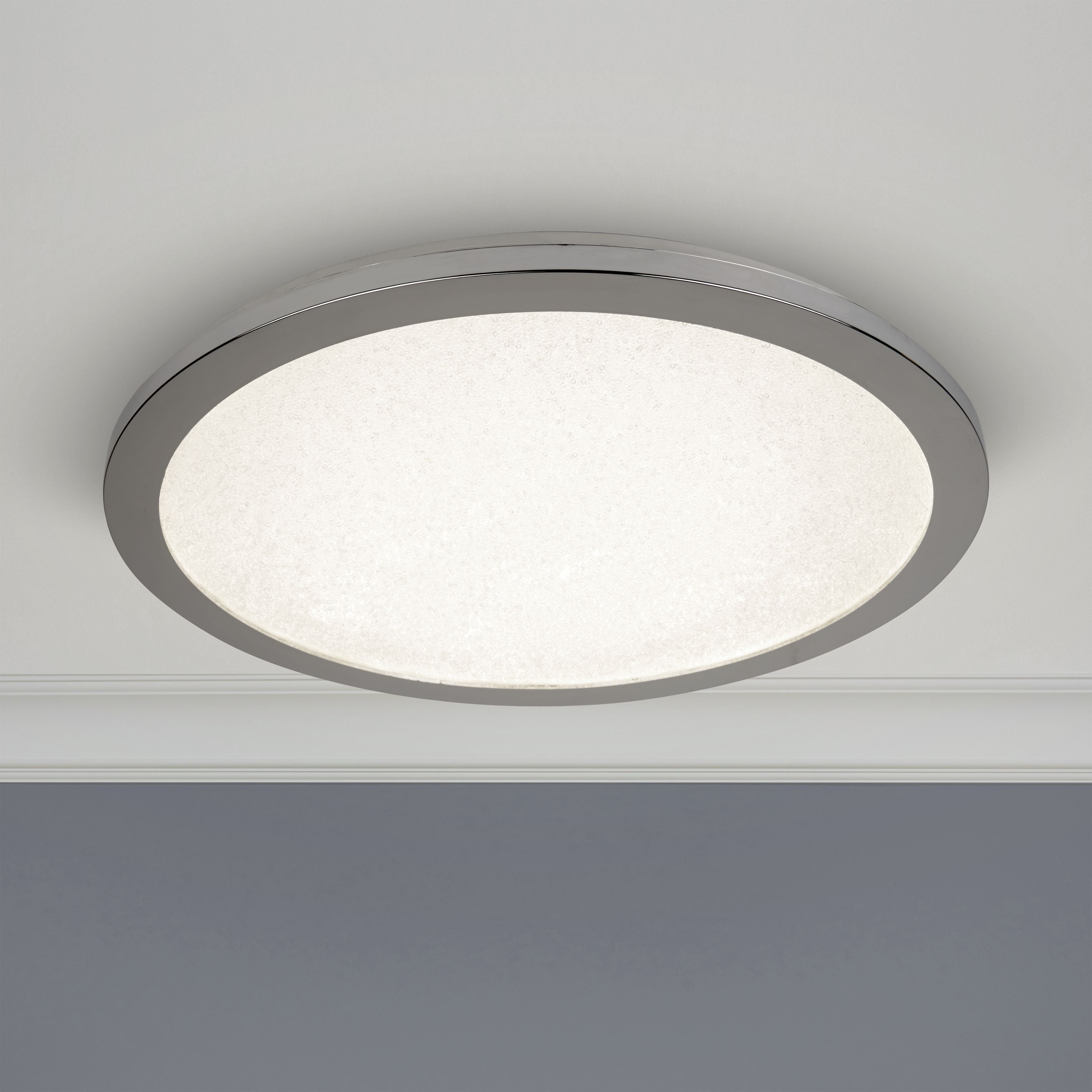 Searchlight LED Flush Ceiling Light, Diameter 30cm, Chrome And Crystal Sand, IP44