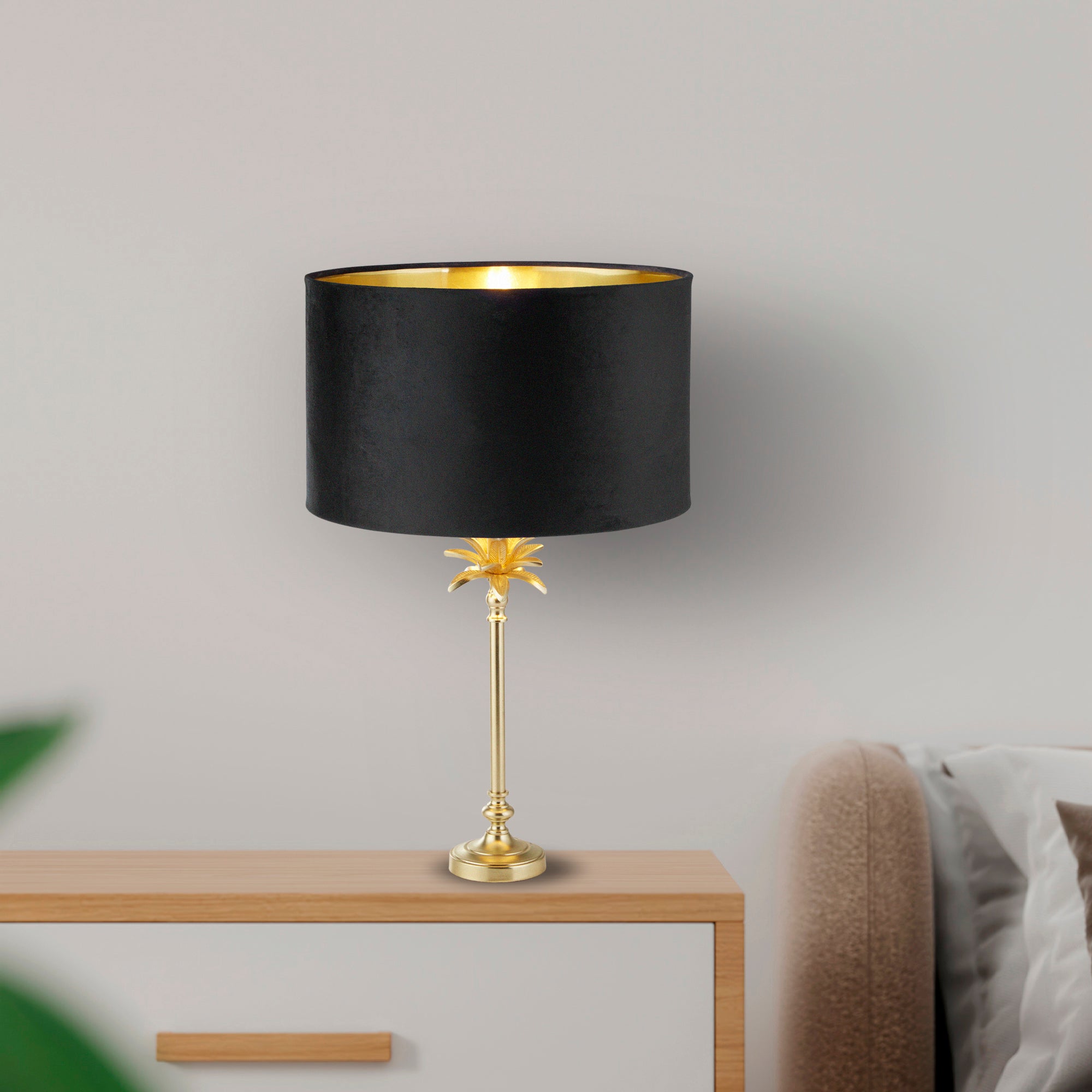 Searchlight Paisley Table Lamp - Satin Brass & Black Velvet Shade