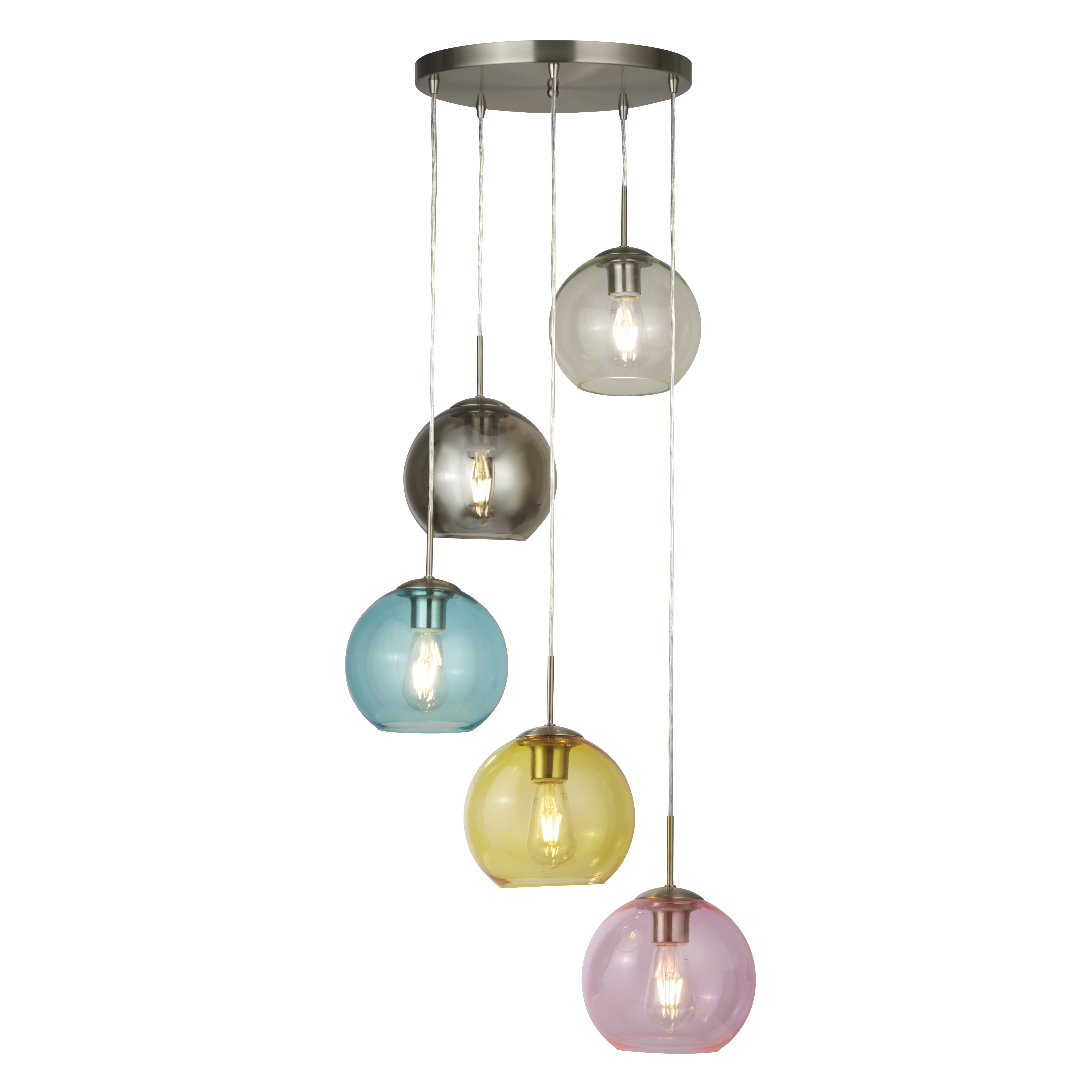 Searchlight Malwood 5 Light Pendant, Satin Silver With Multi Coloured Glass