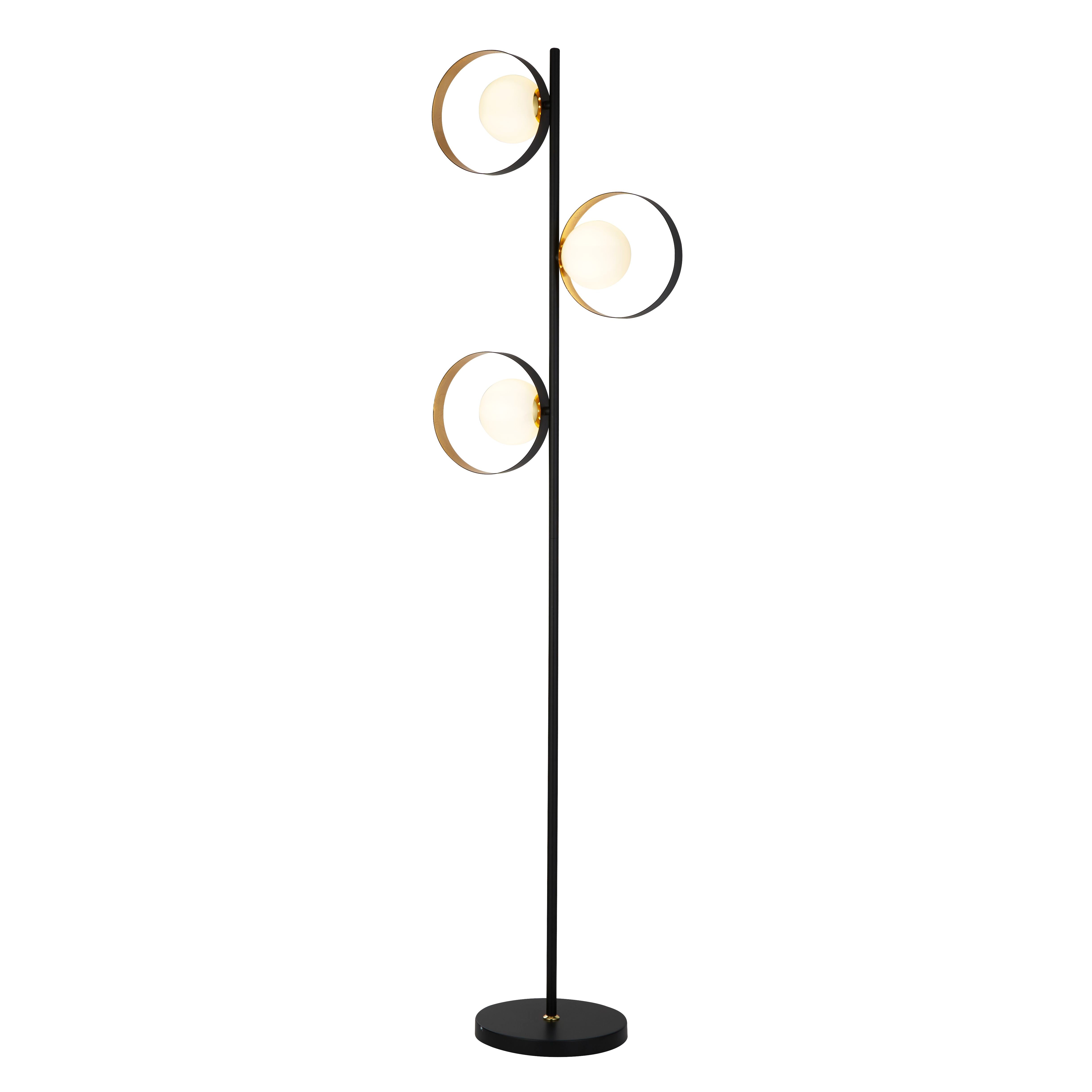 Searchlight Olivia 3 Light Floor Lamp - Matt Black Gold Leaf With Opal Glass Globe