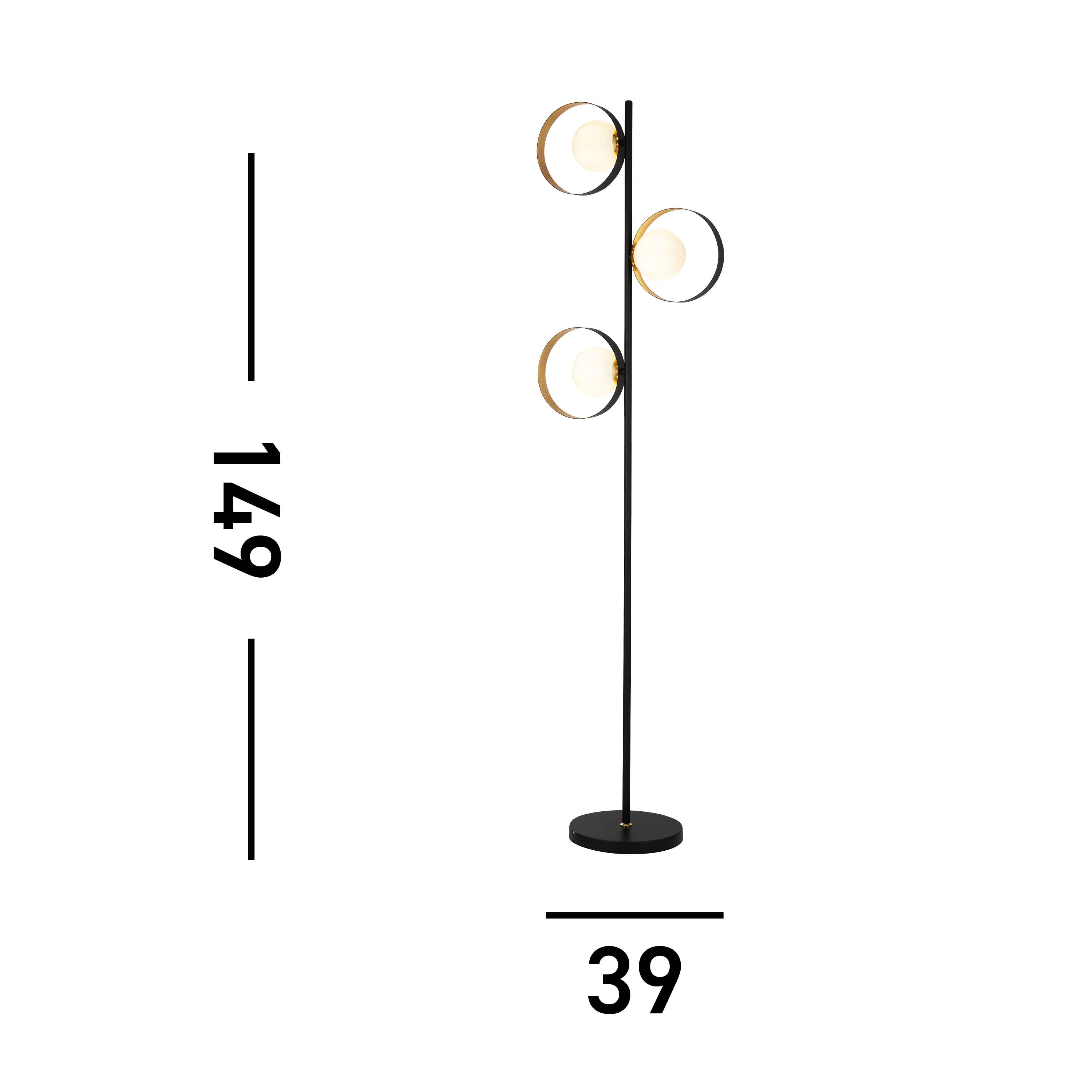 Searchlight Olivia 3 Light Floor Lamp - Matt Black Gold Leaf With Opal Glass Globe