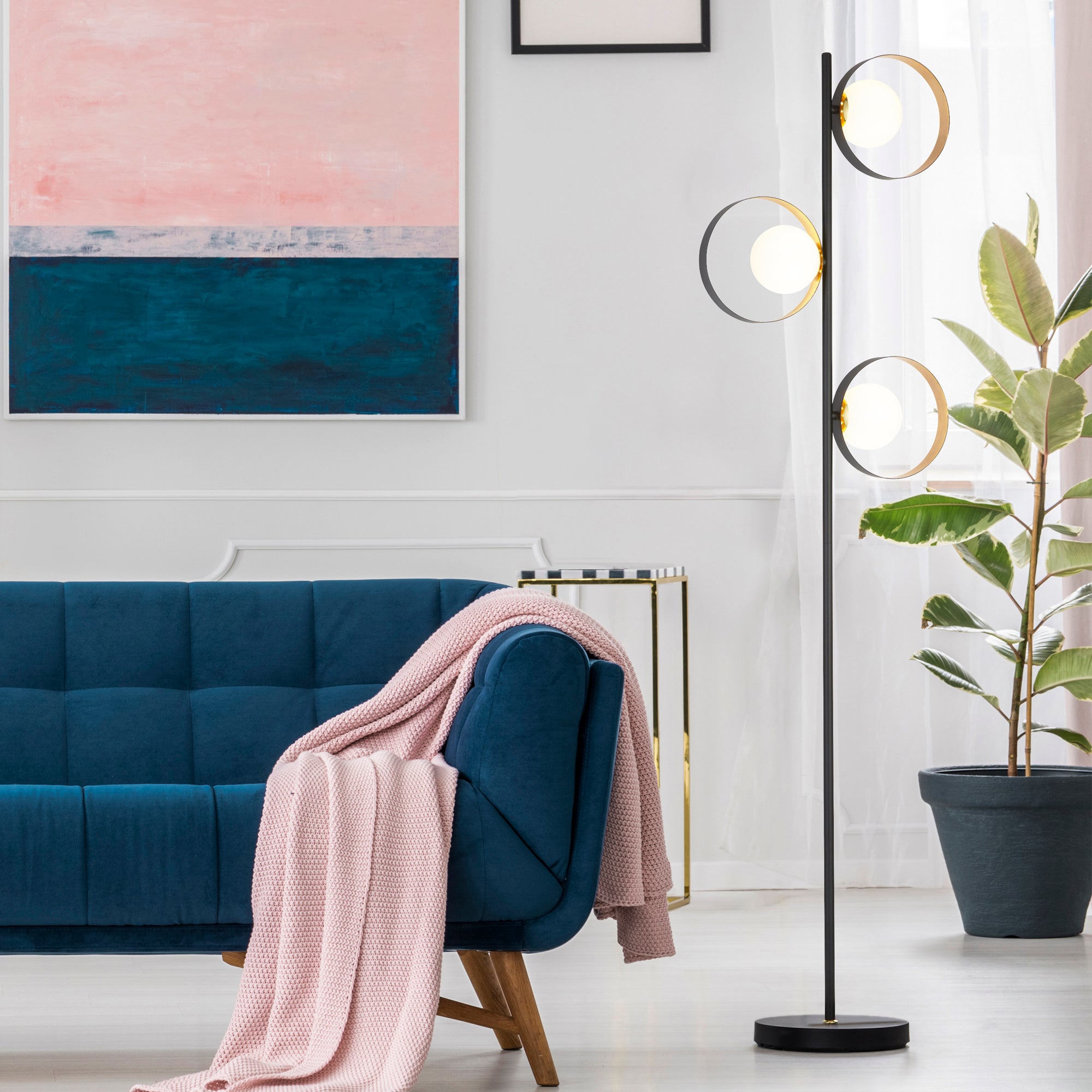 Searchlight Olivia 3 Light Floor Lamp - Matt Black Gold Leaf With Opal Glass Globe