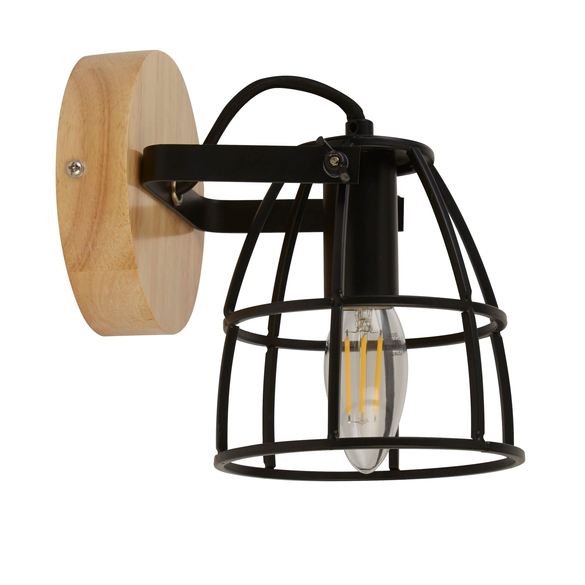 Searchlight Vermouth Cage Round Wall Light - Matt Black & Wood